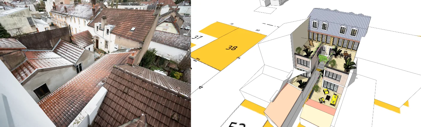 – Le Creusot – session de modélisation de projet avec un copropriétaire investisseur dans un îlot dégradé. Le projet passe par la démolition de constructions parasites en cœur d’îlot, des extensions et des terrasses à la place, et une surélévation.