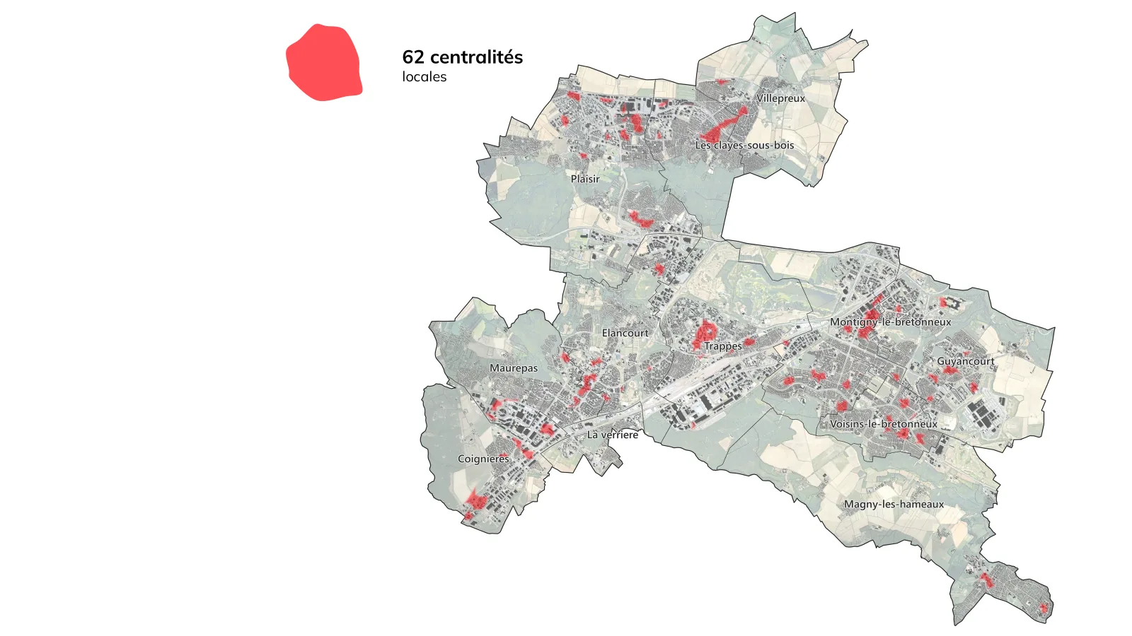 Saint-Quentin-en-Yvelines – travail avancé sur l’armature territoriale - Identification des centralités à partir de 5 catégories d’équipements et de services de la base permanente des équipements. Ces éléments localisés à la parcelle ont été agrégés dans un principe de continuité de 50 mètres. Ces micros périmètres ont permis de relever 103 micro-secteurs contenant plus de 10 éléments de commerces/services sur lesquels l’équipe de Villes Vivantes a calculé des isochrones de 5 minutes de marche.