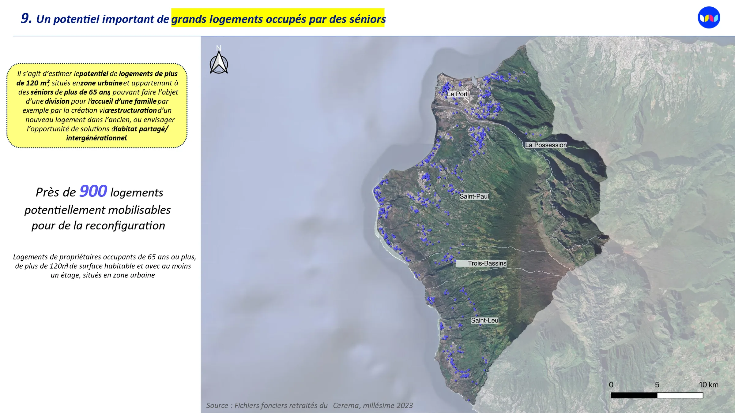 Étude pré-opérationnelle d’Opération Programmée d’Amélioration de l’Habitat (OPAH) multisites dans le cadre de l’Opération de Revitalisation de Territoire intercommunale du Territoire de la Côte Ouest (La Réunion) – extrait de l’analyse démographique – localisation des grands logements occupés par des séniors.