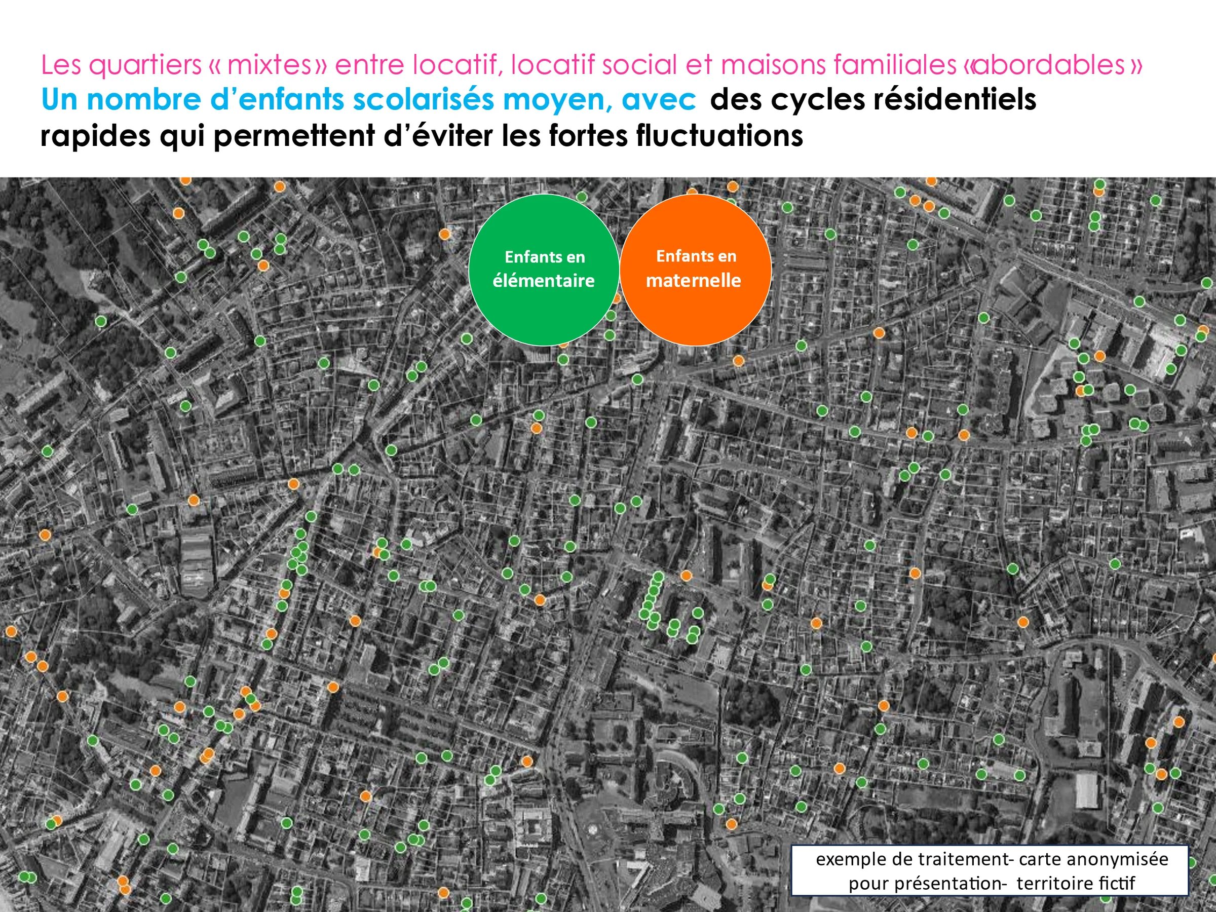 Saint-Malo (35) « Un plan école pour anticiper et organiser la vie d’une ville de 50 000 habitants » localisation des enfants scolarisés en élémentaire et en maternelle (la carte utilisée ici est une carte fictive illustrant un traitement anonymisé et non diffusé)