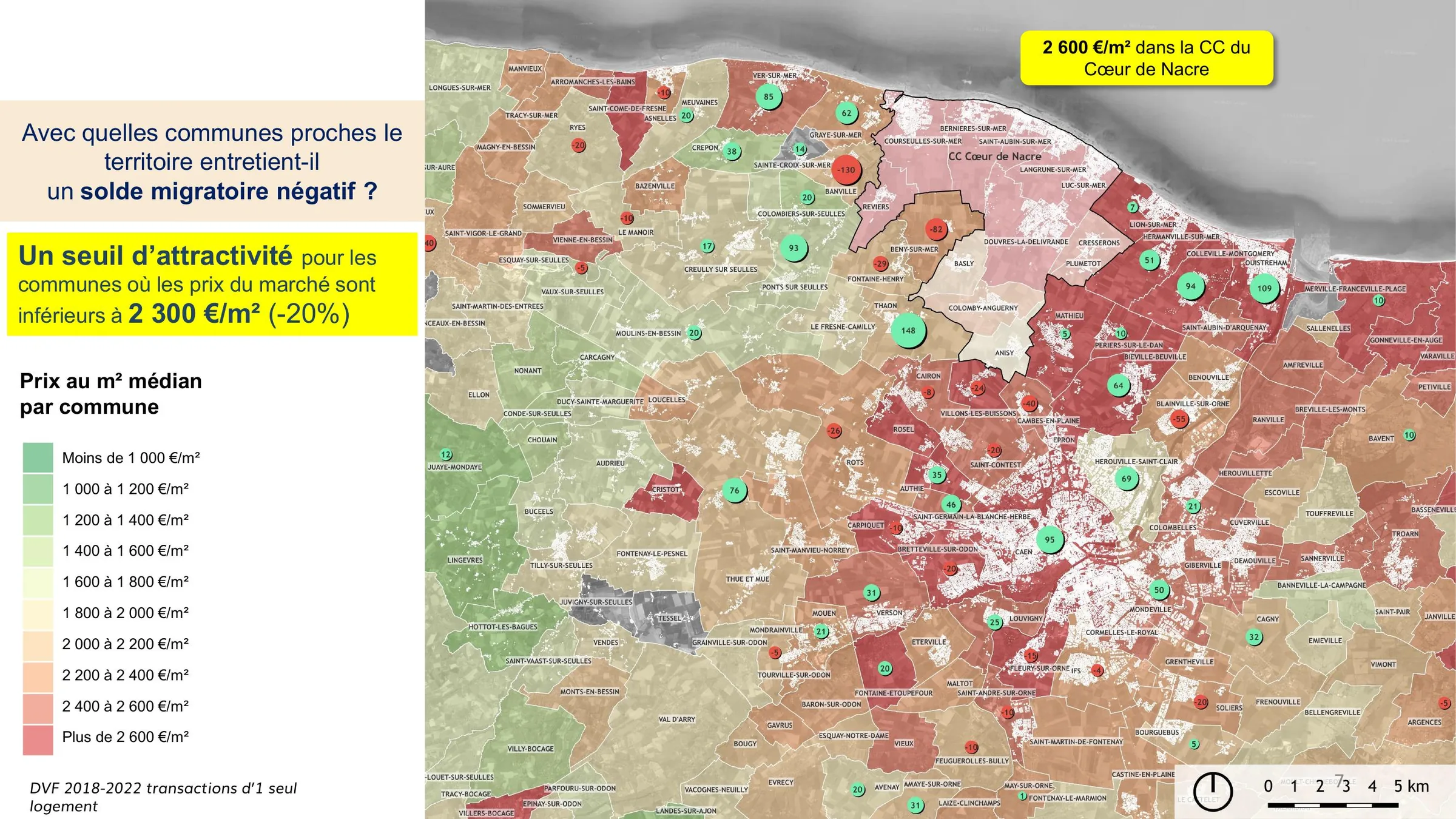 Prix au m² médian par commune et seuil d'attractivité à 2 300 €/m²