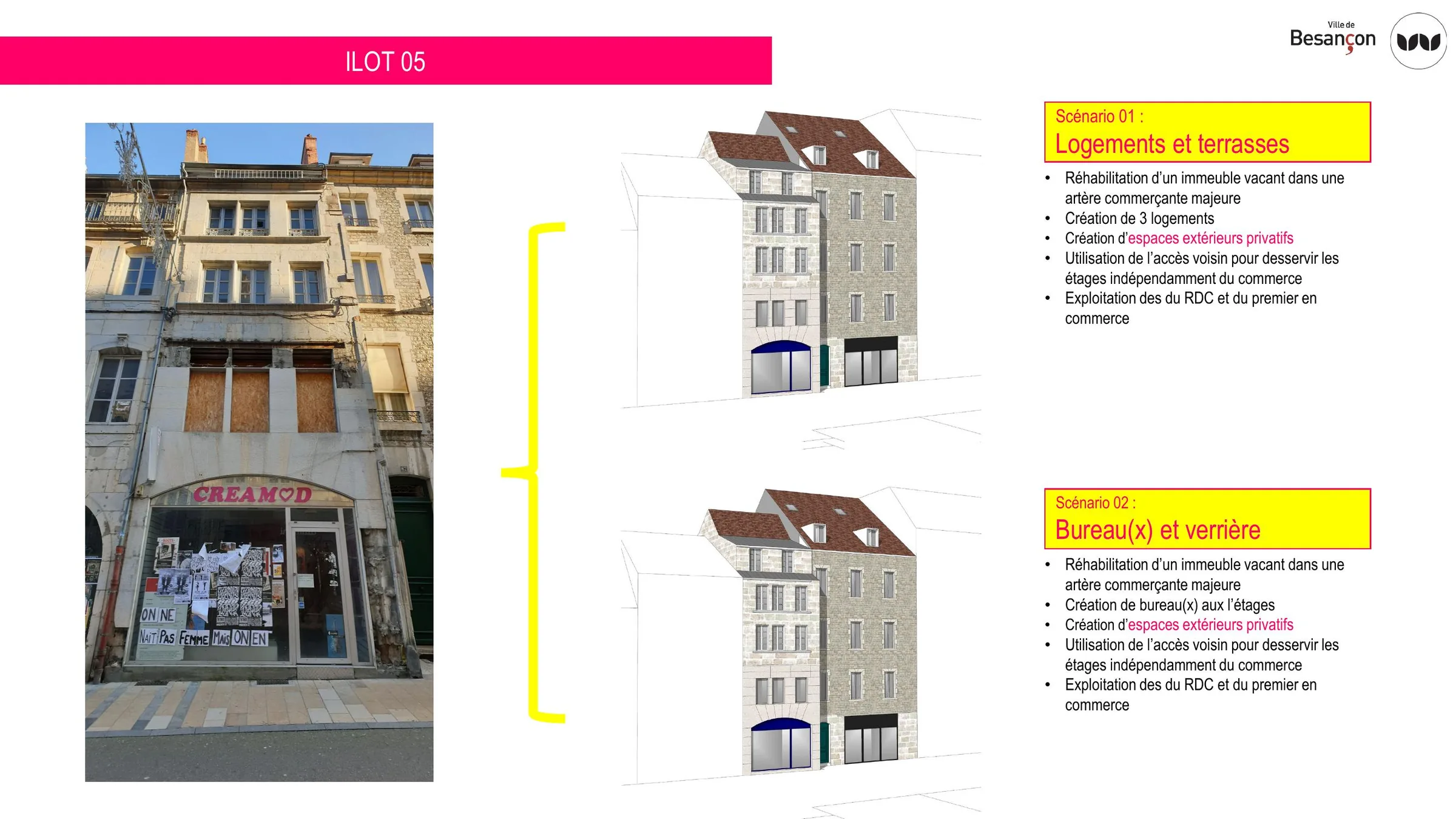 Les deux scénarios de programme envisagés pour l'îlot 05