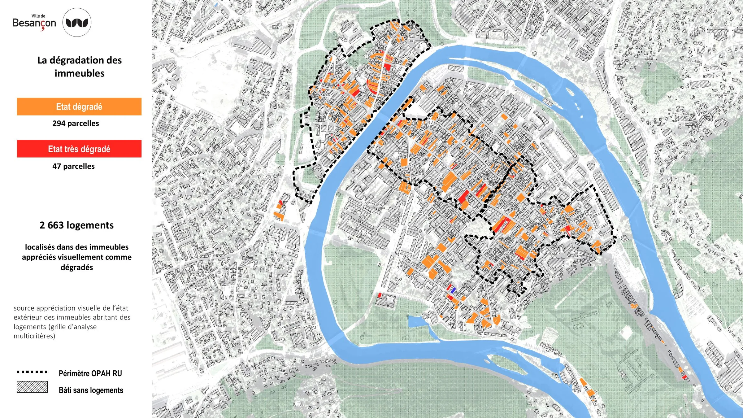 Carte de la dégradation des immeubles dans le périmètre OPAH-RU