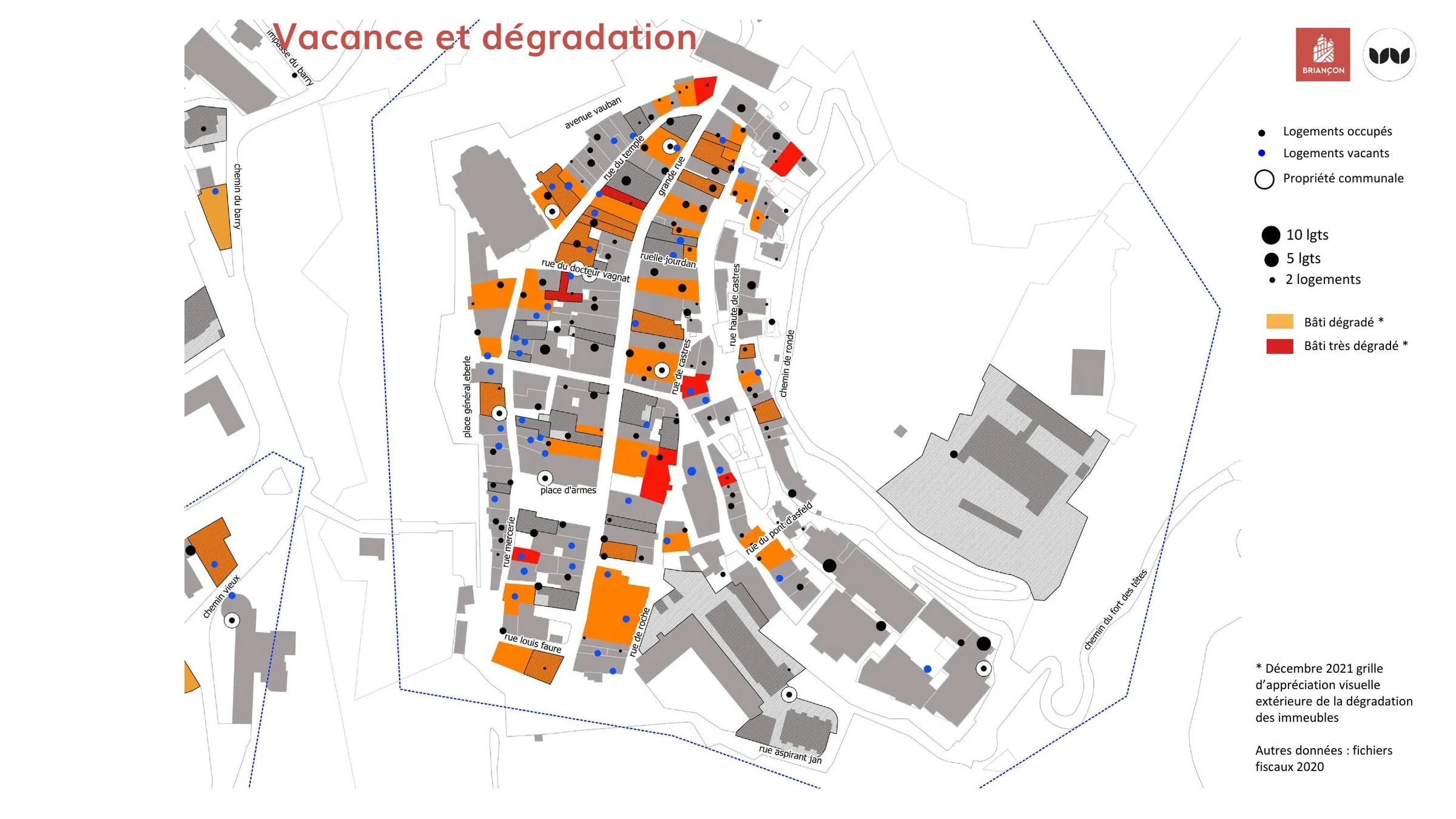 Carte de la vacance et de la dégradation du bâti en ville haute, données décembre 2021 et fichiers fiscaux 2020