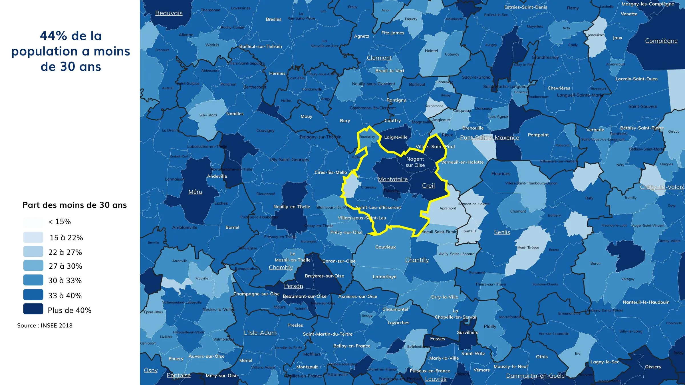 Part des moins de 30 ans par commune, territoire cerclé en jaune