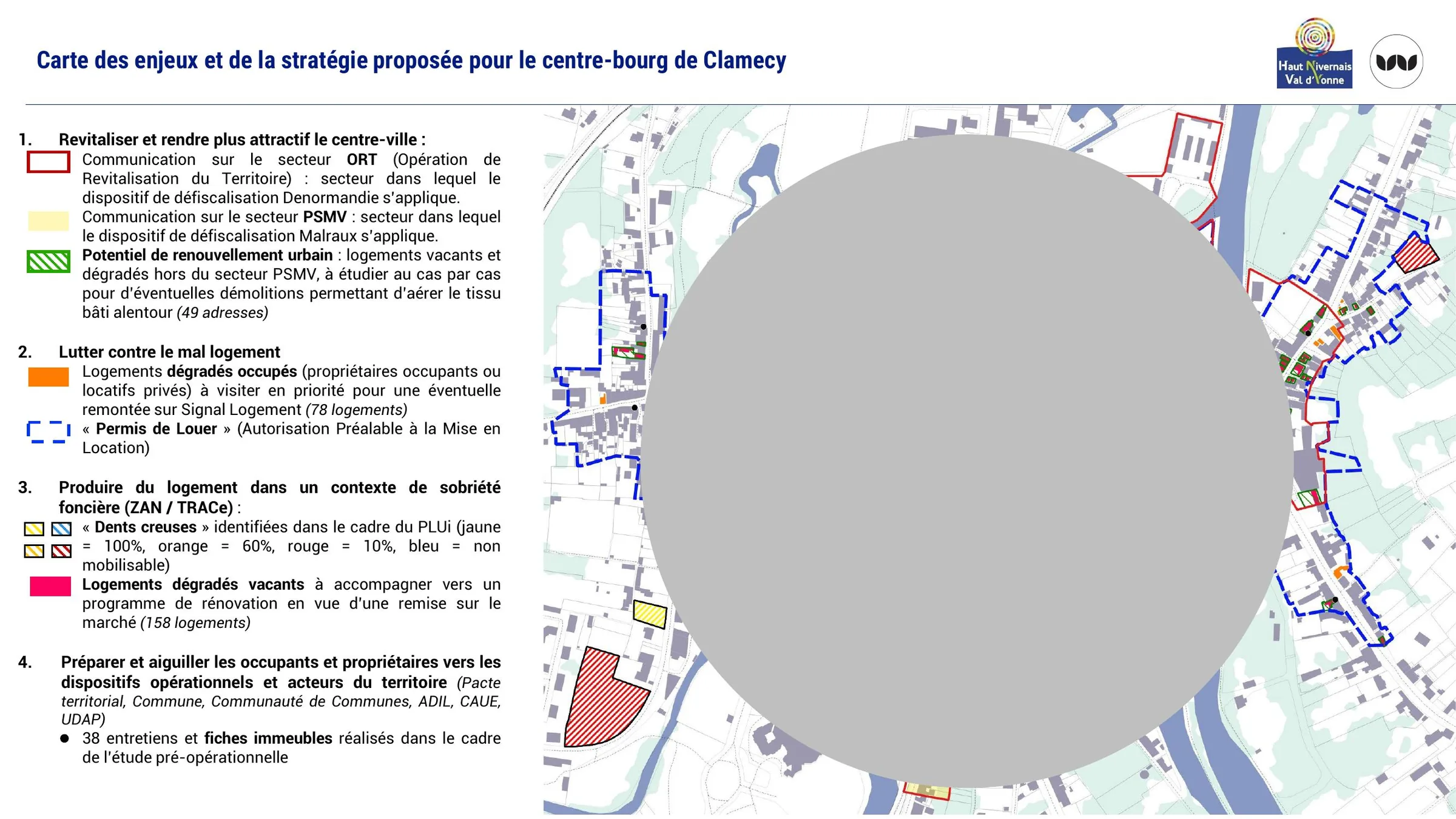 Carte des enjeux et de la stratégie proposée pour le centre-bourg de Clamecy