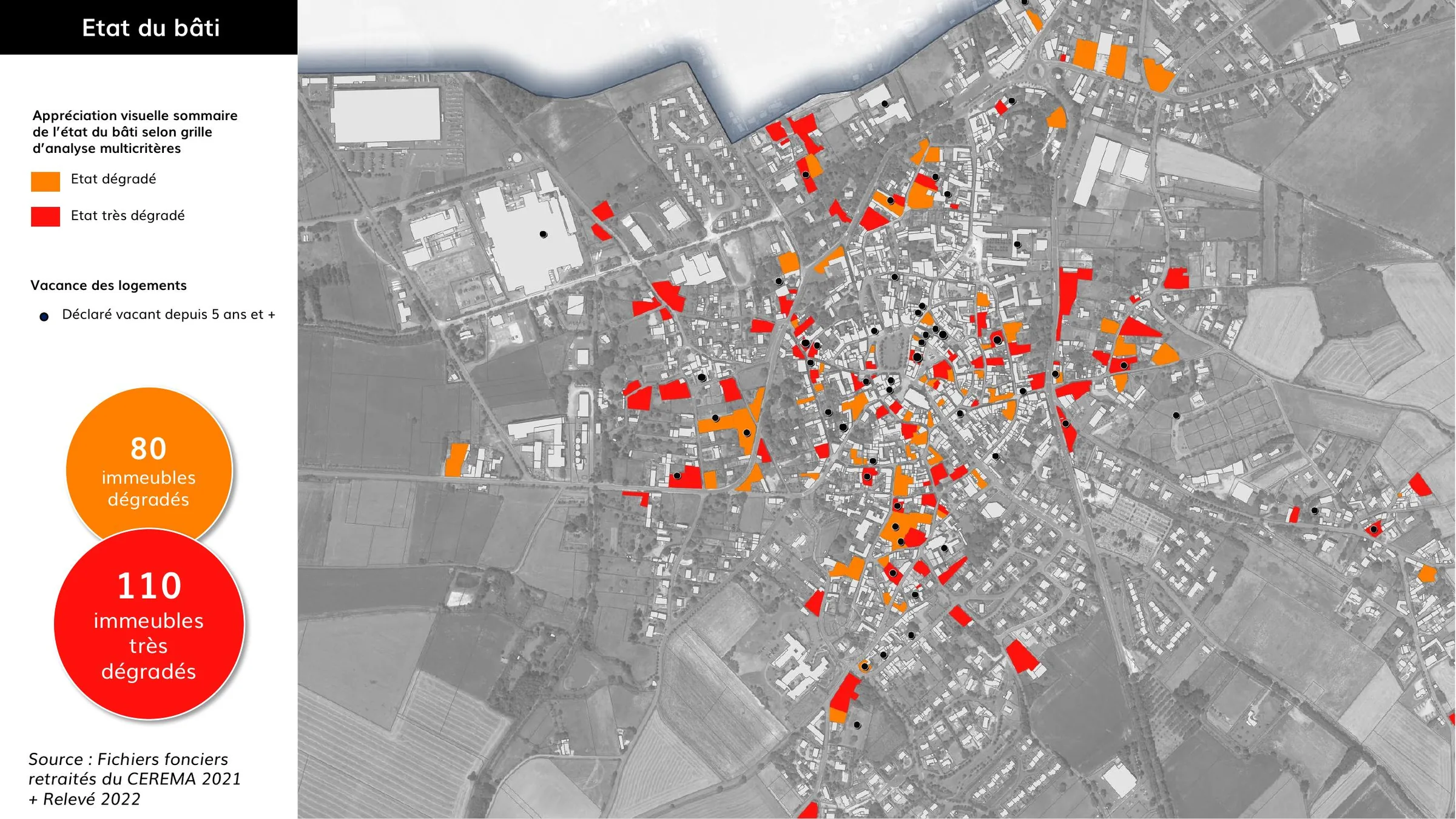 Localisation des immeubles dégradés et très dégradés, avec points de vacance longue