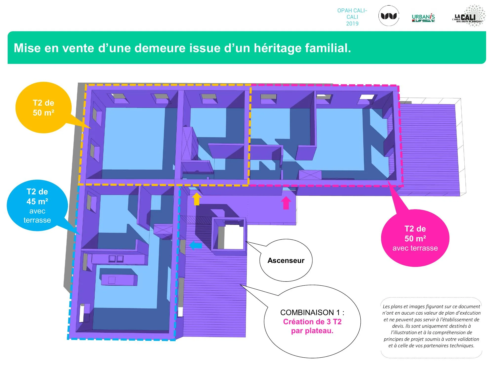 Combinaison 1 : trois T2 par plateau desservis par ascenseur