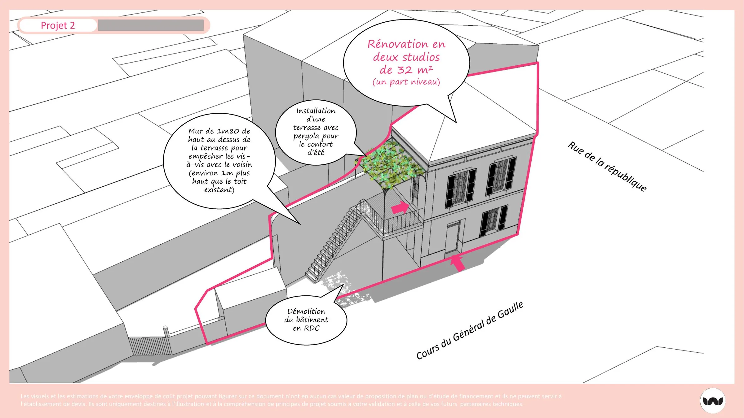 Projet 2 : rénovation en deux studios de 32 m² avec terrasse