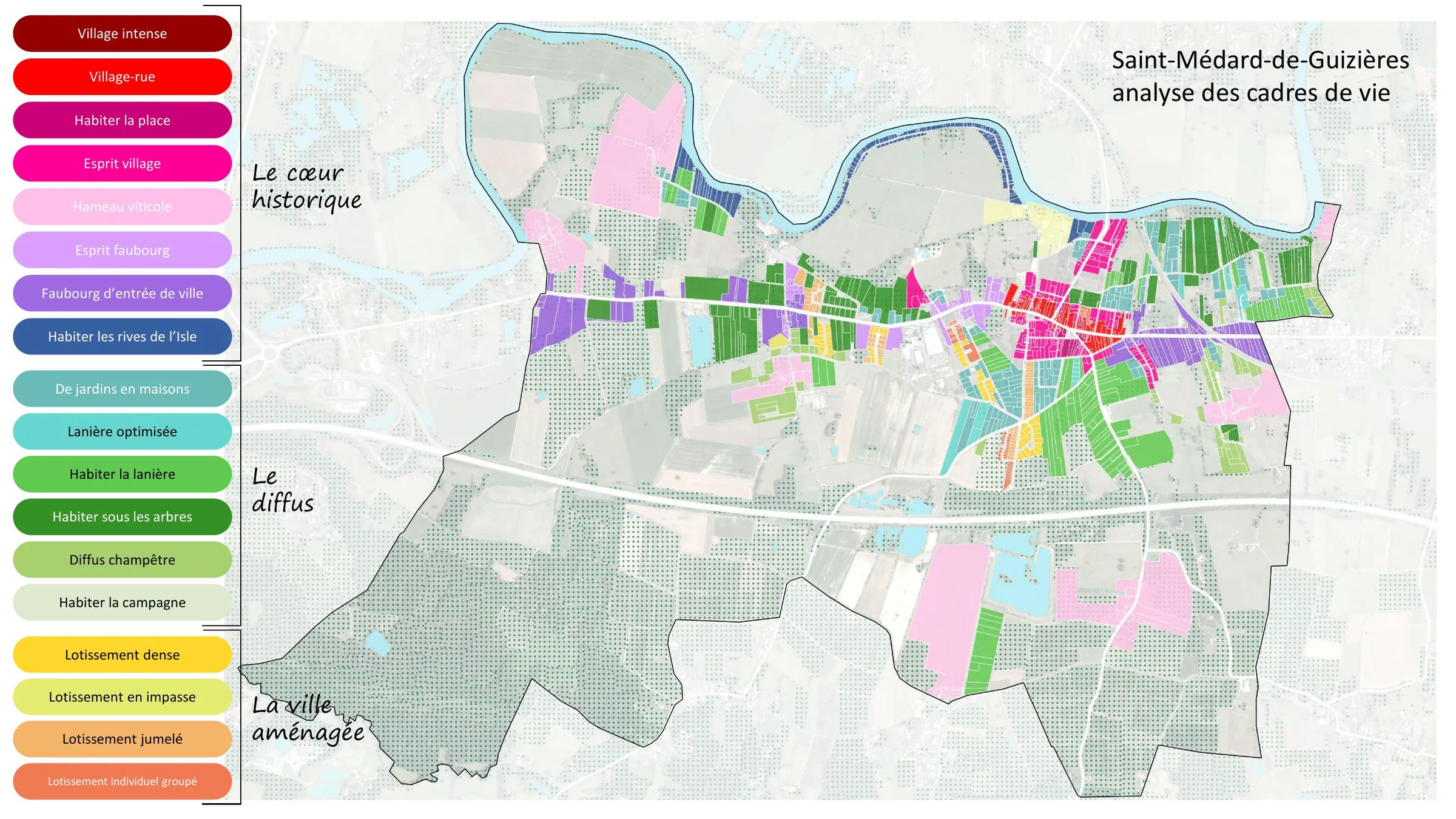 Typologie des cadres de vie à Saint-Médard-de-Guizières, du cœur historique au diffus