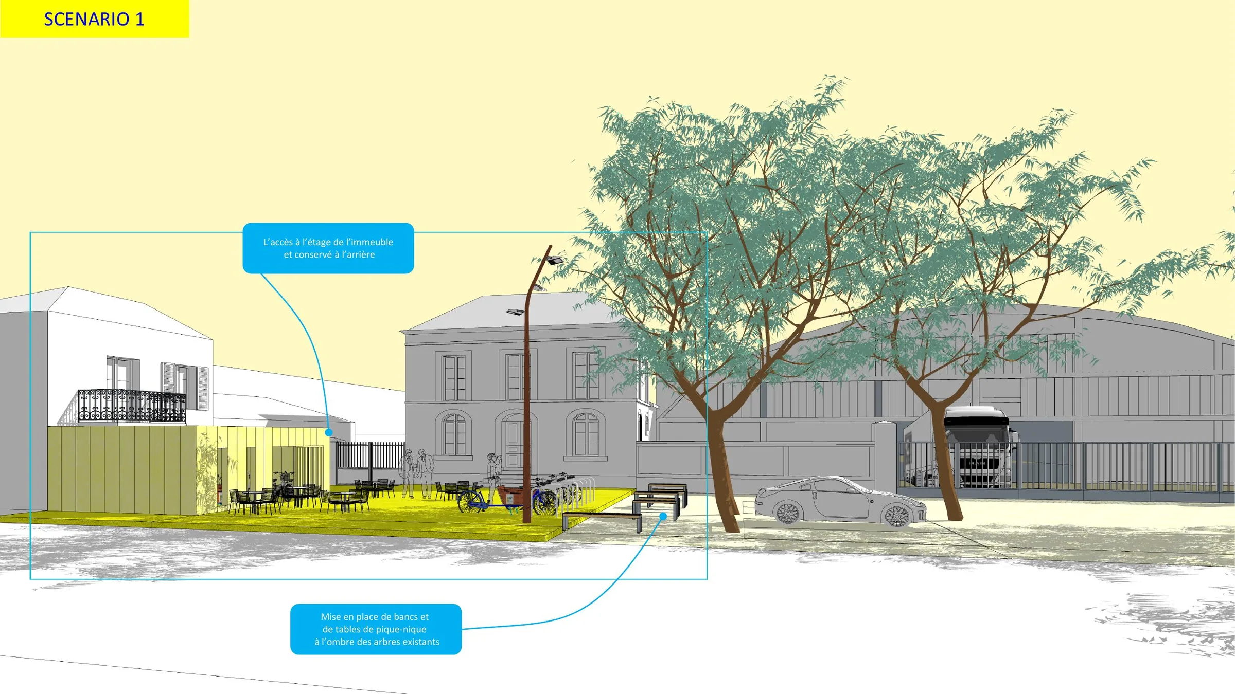 Vue perspective du scénario 1 avec mobilier et stationnement vélo