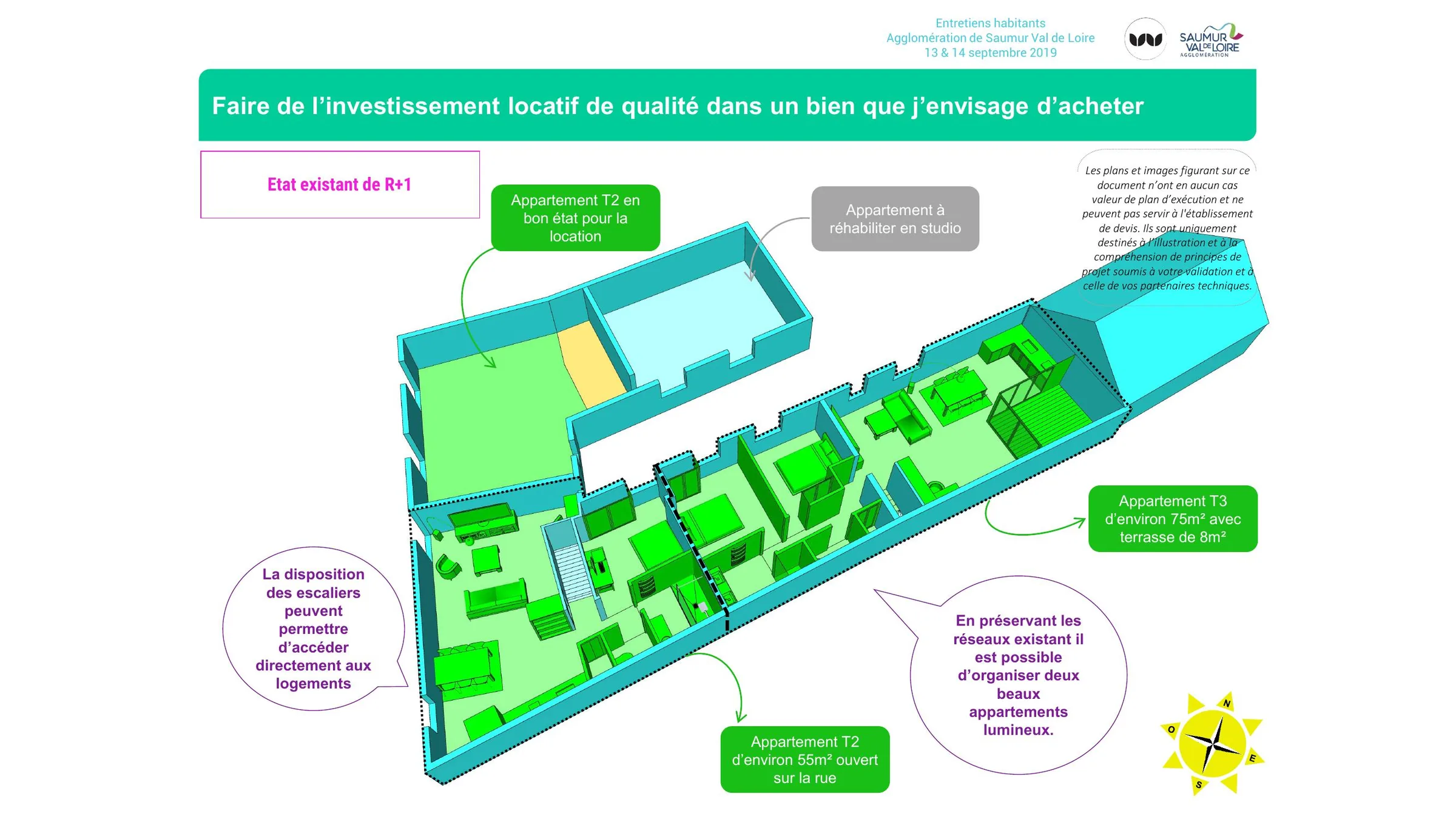 Principe d'aménagement de deux appartements dans un immeuble R+1