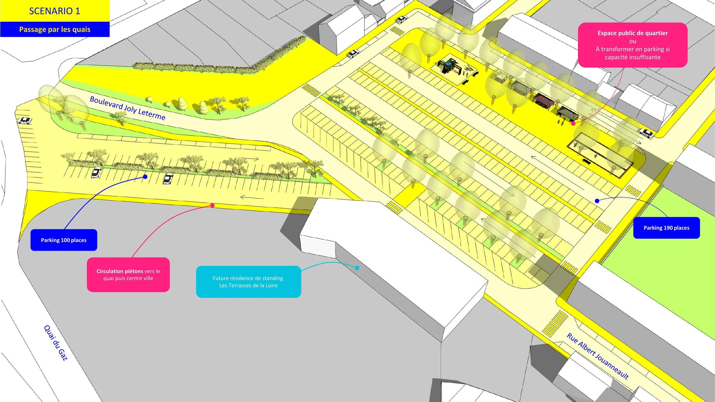 Scénario d'aménagement des quais avec création de deux parkings