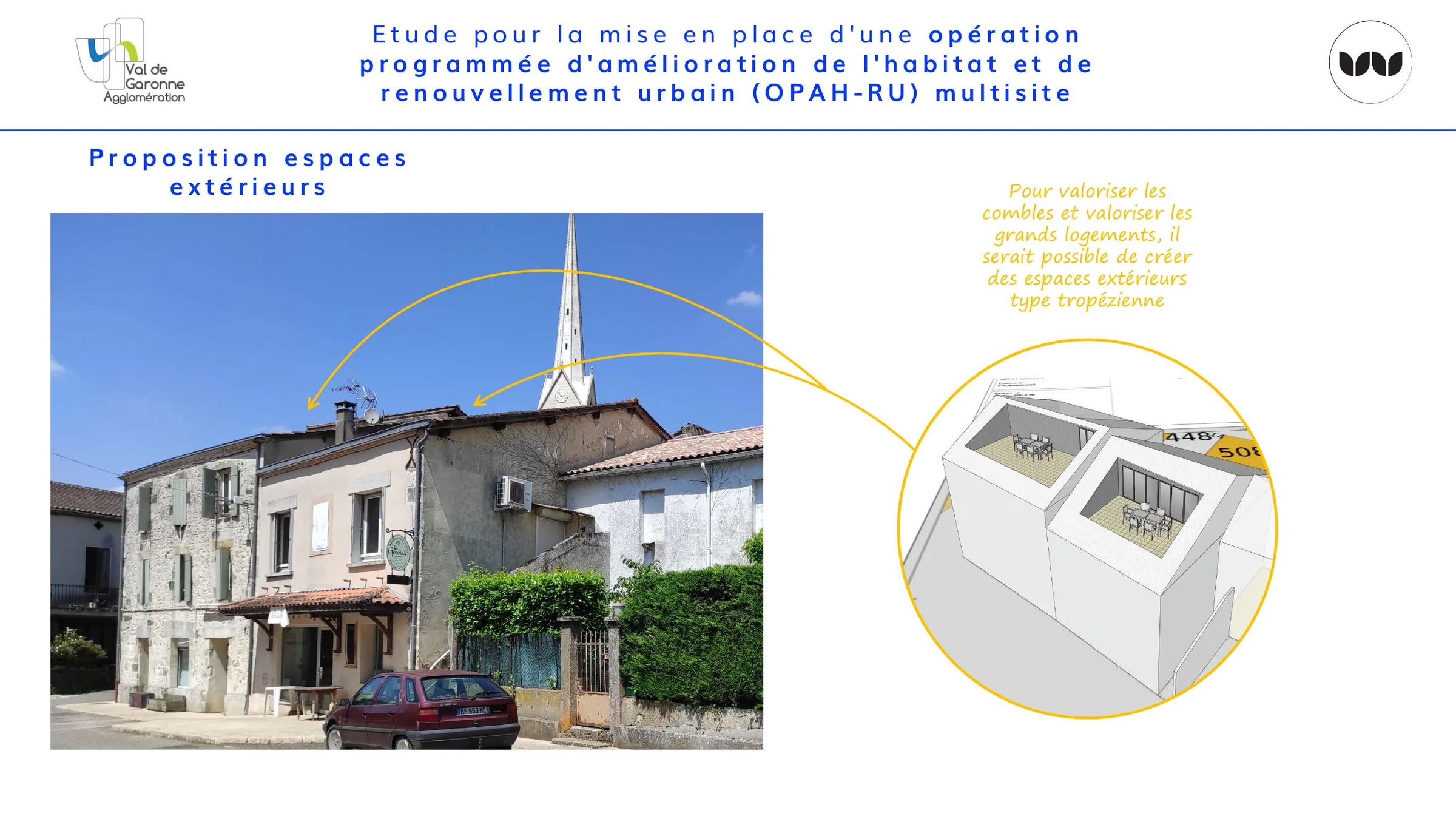 Proposition de valorisation des combles par des terrasses extérieures.