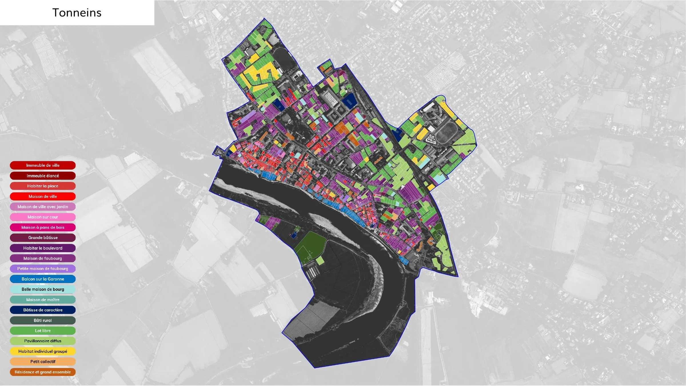 Cartographie des typologies bâties de Tonneins le long de la Garonne.