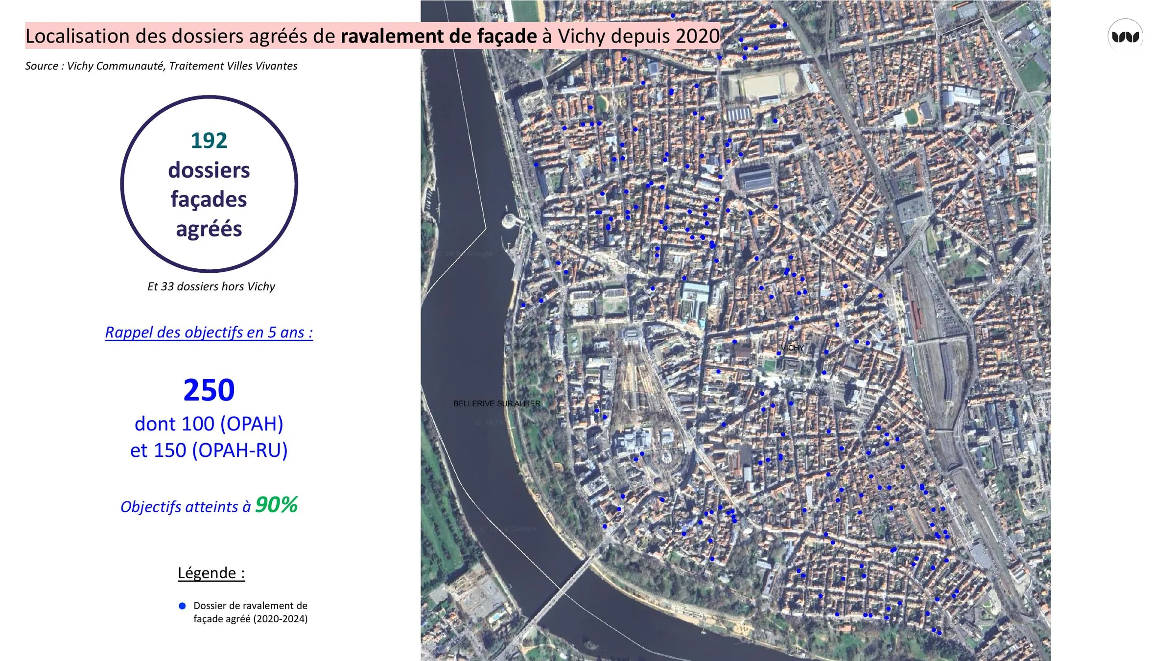 Localisation des 192 dossiers de ravalement de façade agréés à Vichy