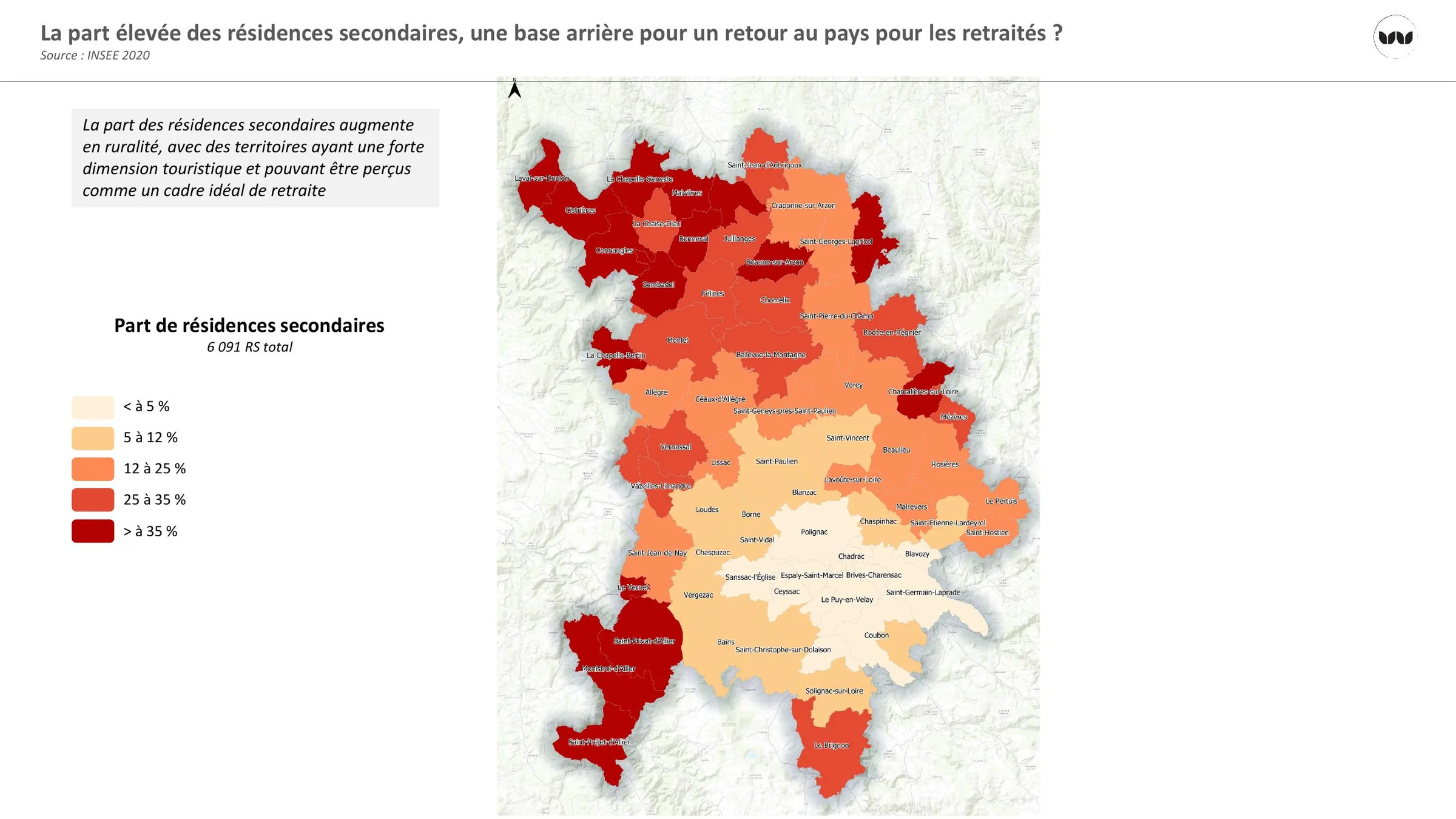 Part des résidences secondaires par commune, plus forte en zone rurale et touristique
