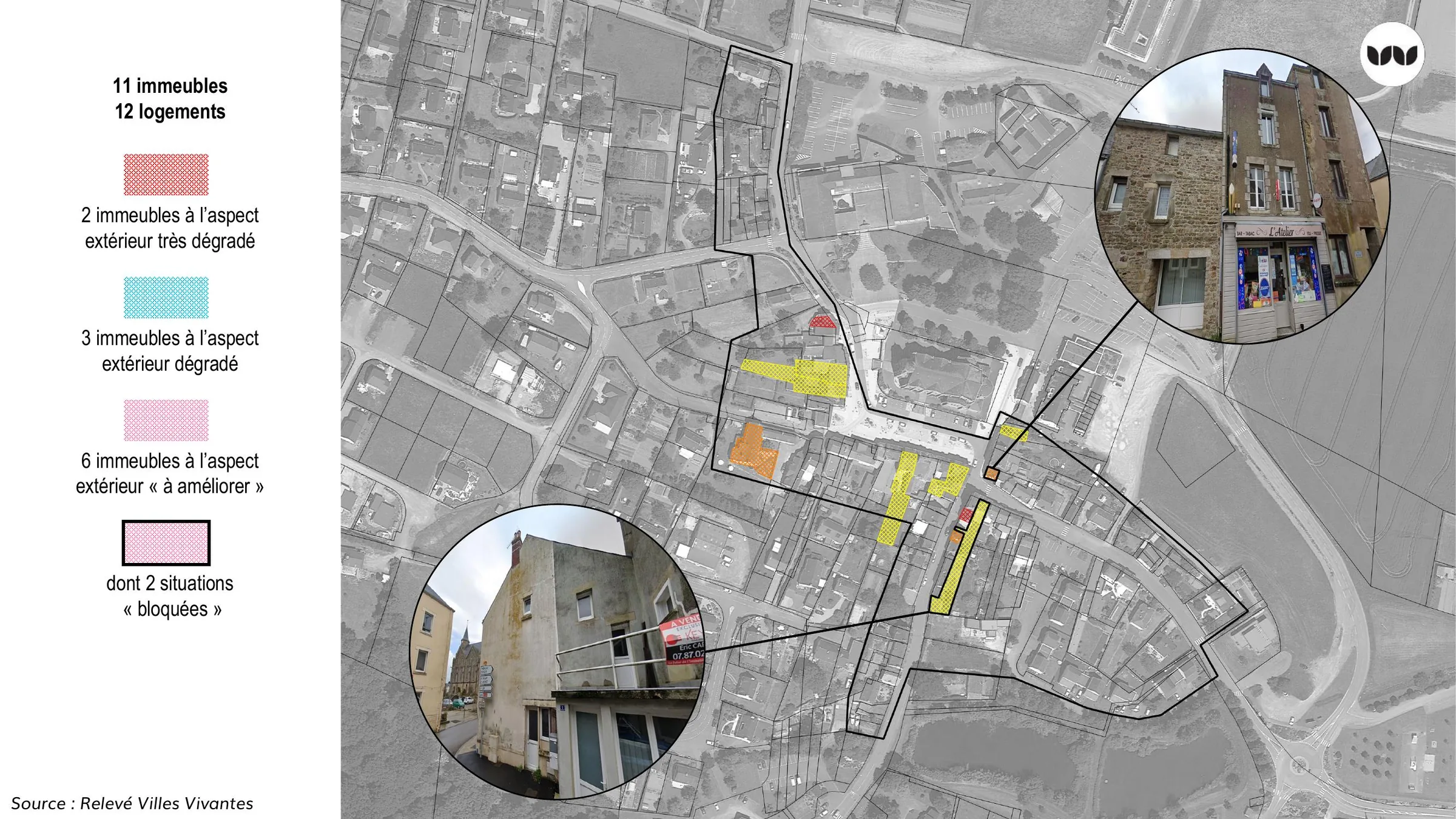 Repérage de façades dégradées dans le centre de Muzillac