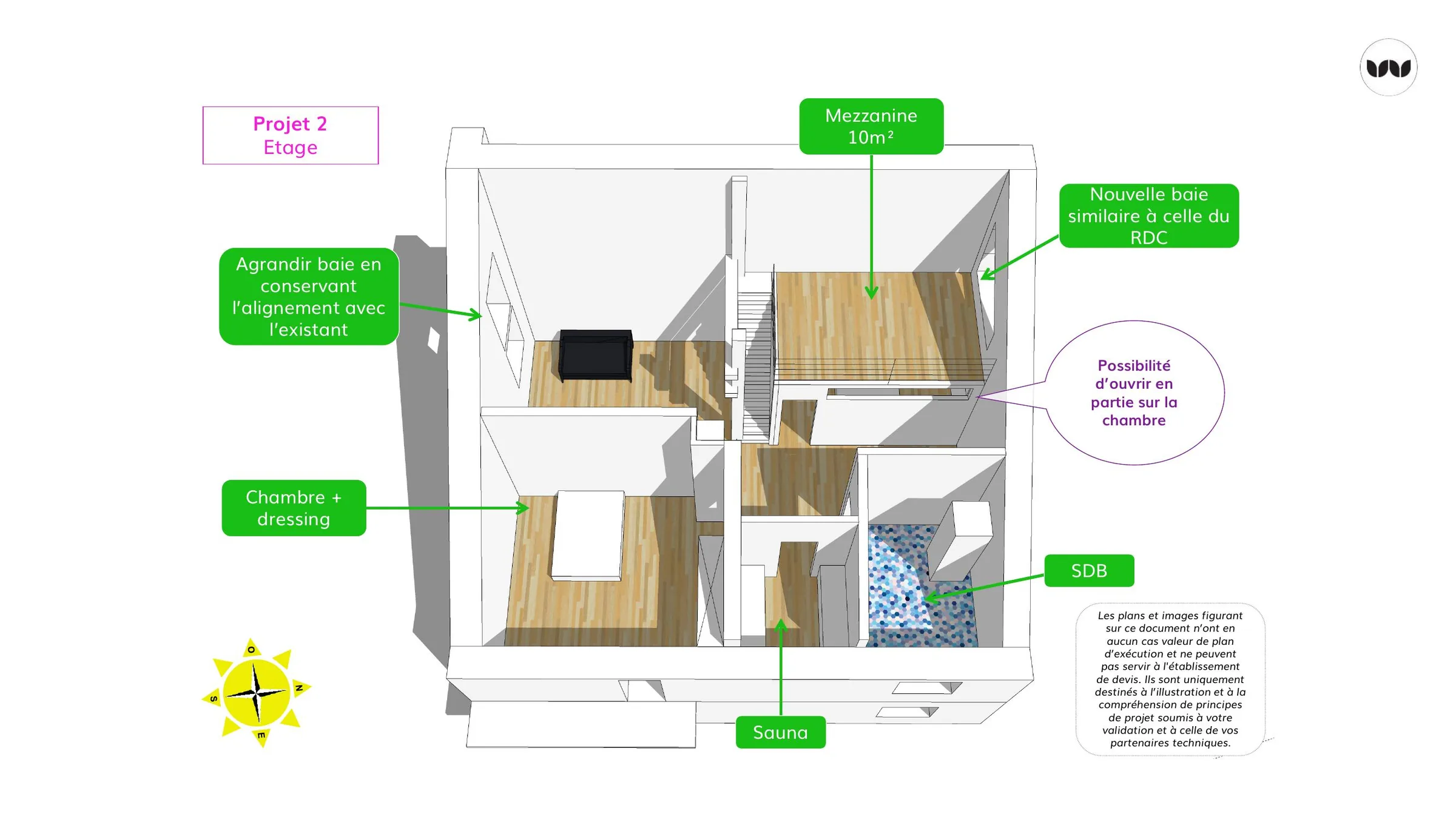 Exemple de projet de réhabilitation d'étage avec mezzanine et sauna
