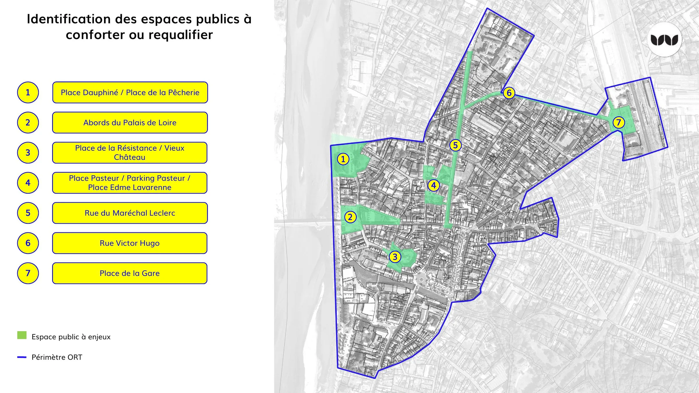 Localisation des sept espaces publics à conforter dans le périmètre ORT