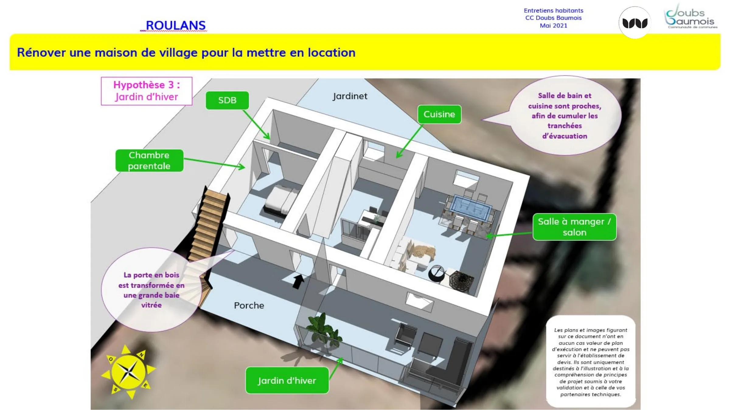 Hypothèse de rénovation d'une maison de village à Roulans avec jardin d'hiver