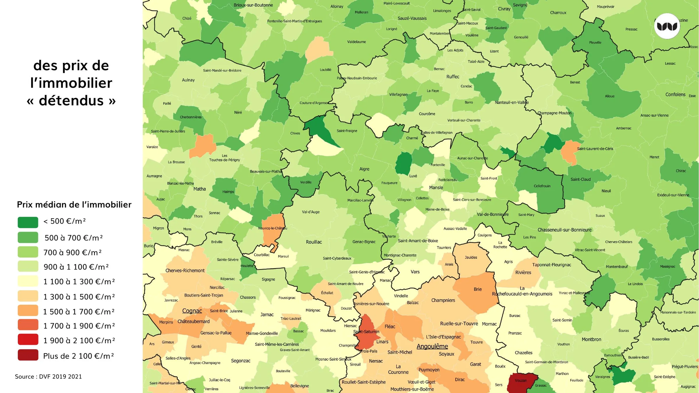Carte des prix médians de l'immobilier, secteurs globalement détendus