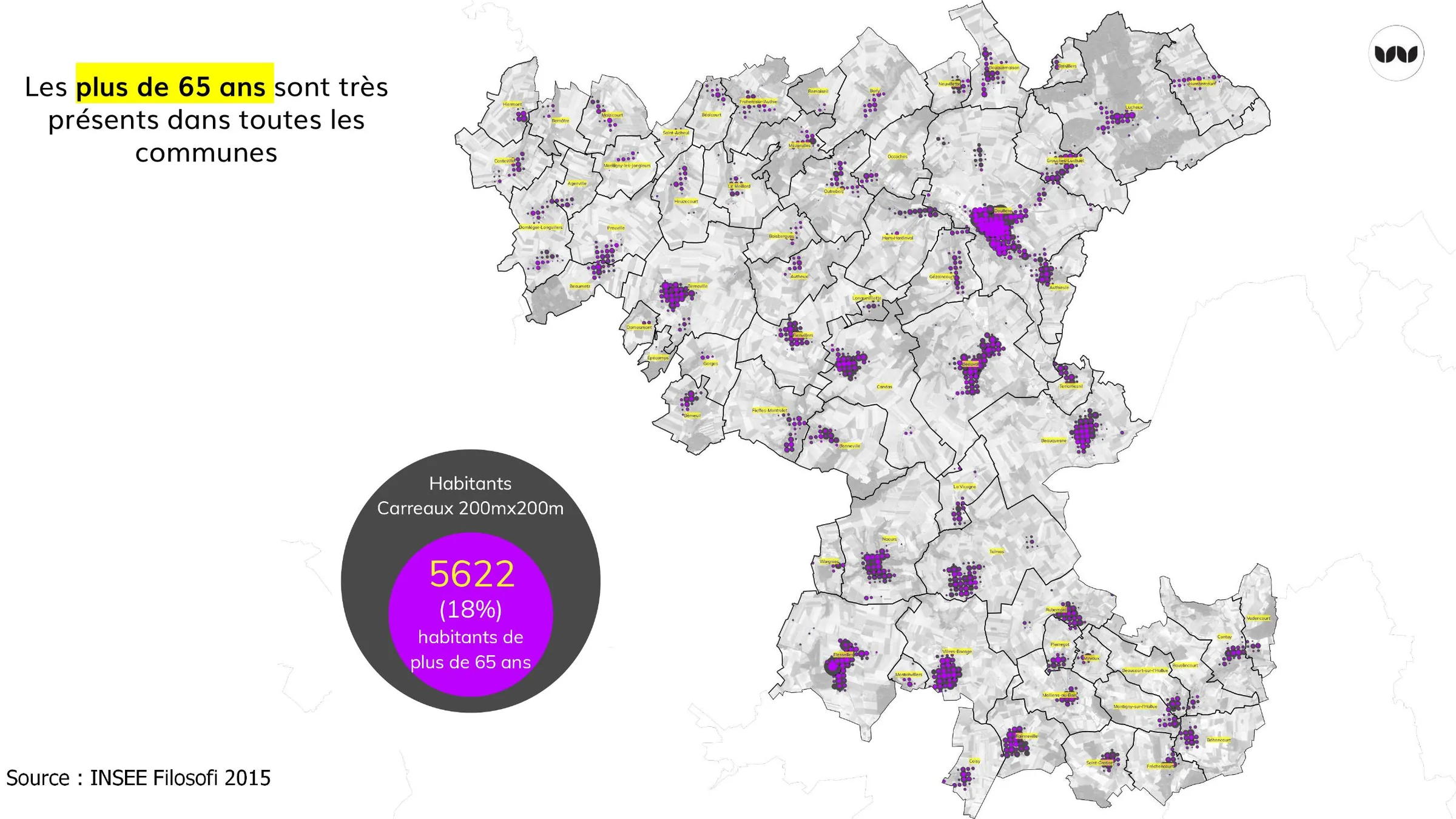 Répartition des habitants de plus de 65 ans par commune