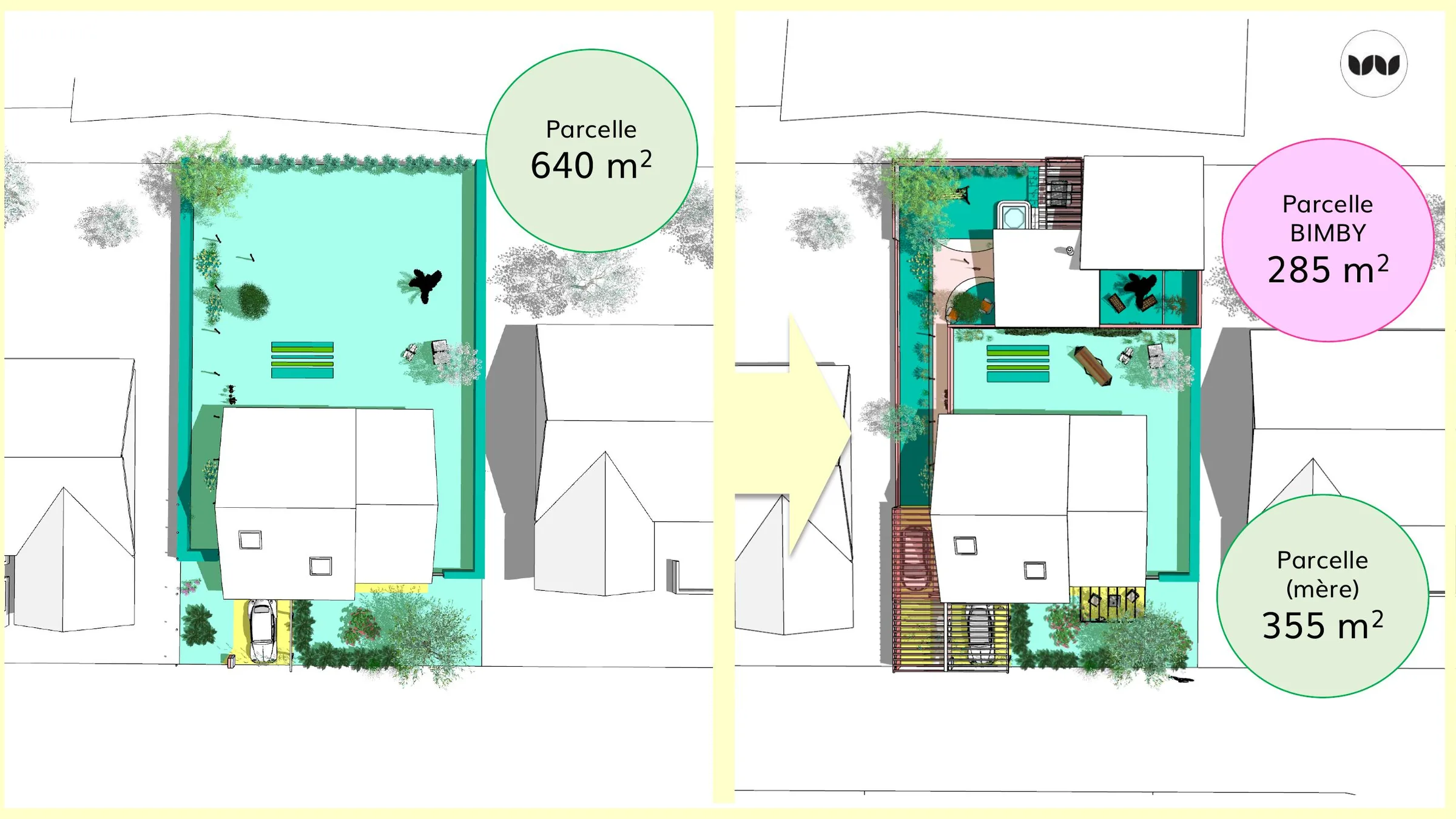 Vue en plan avant/après de la division parcellaire à 285 m²