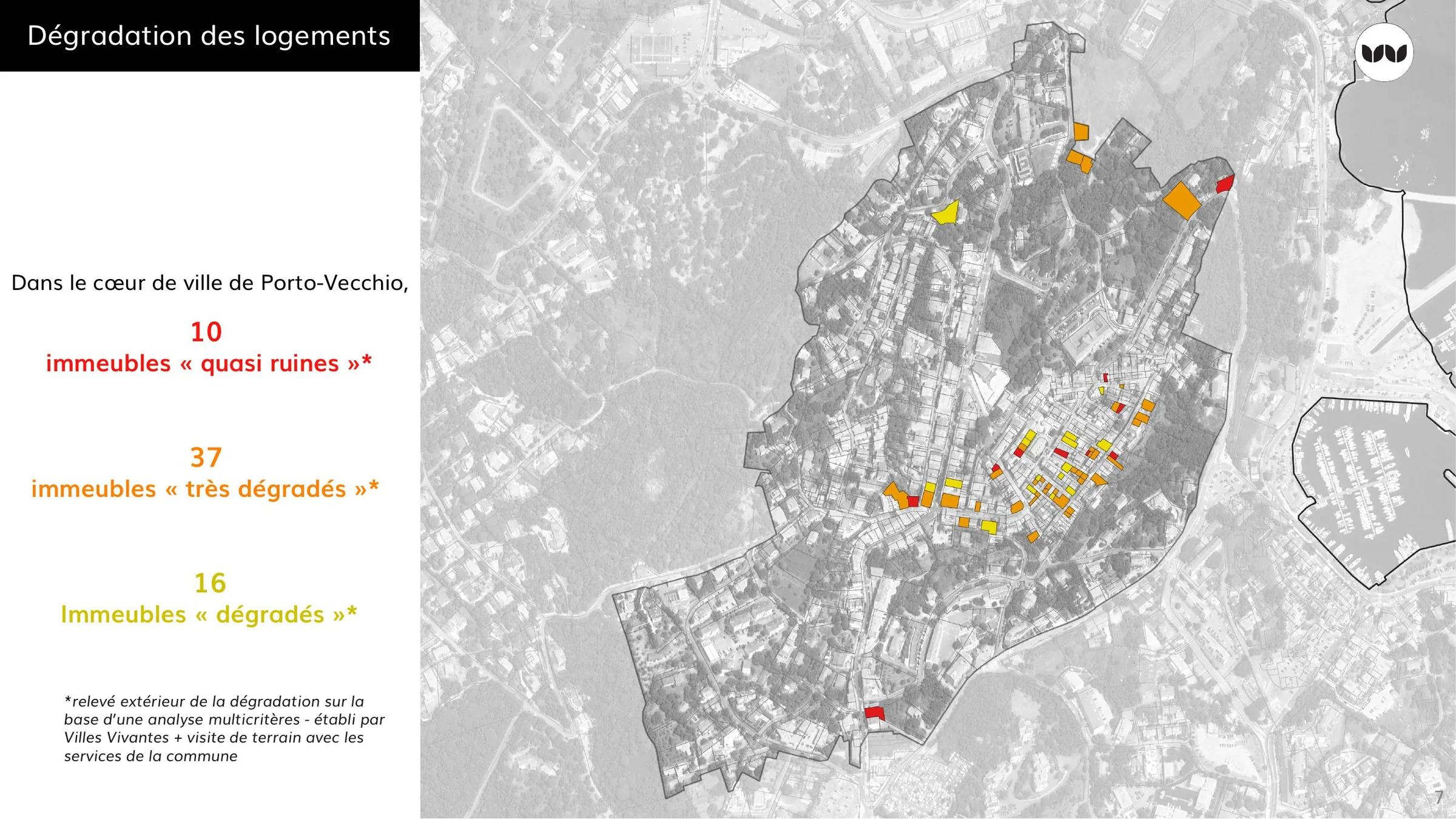 Localisation des immeubles dégradés selon leur niveau, cœur de Porto-Vecchio