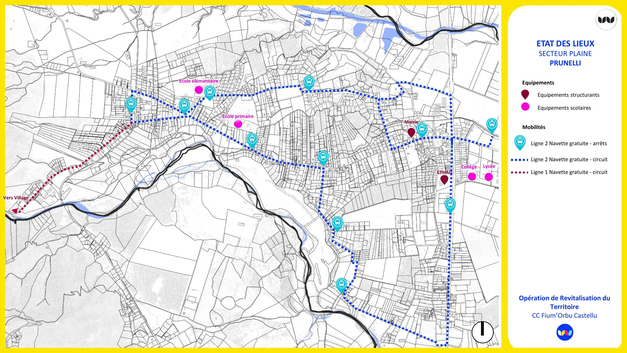 État des lieux des équipements et circuits de navettes gratuites, secteur plaine de Prunelli