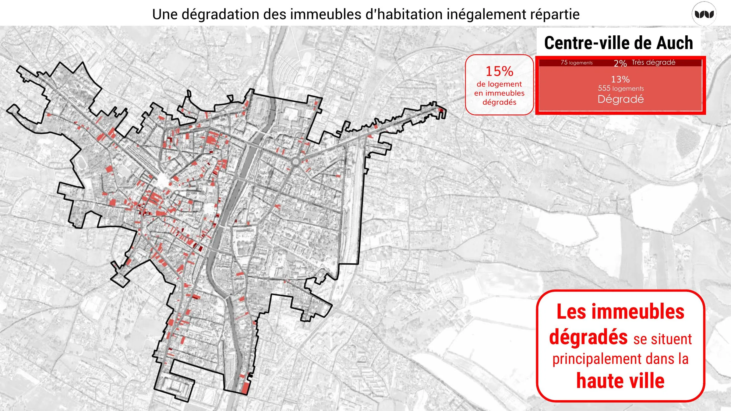Localisation des immeubles dégradés, concentrés en haute ville