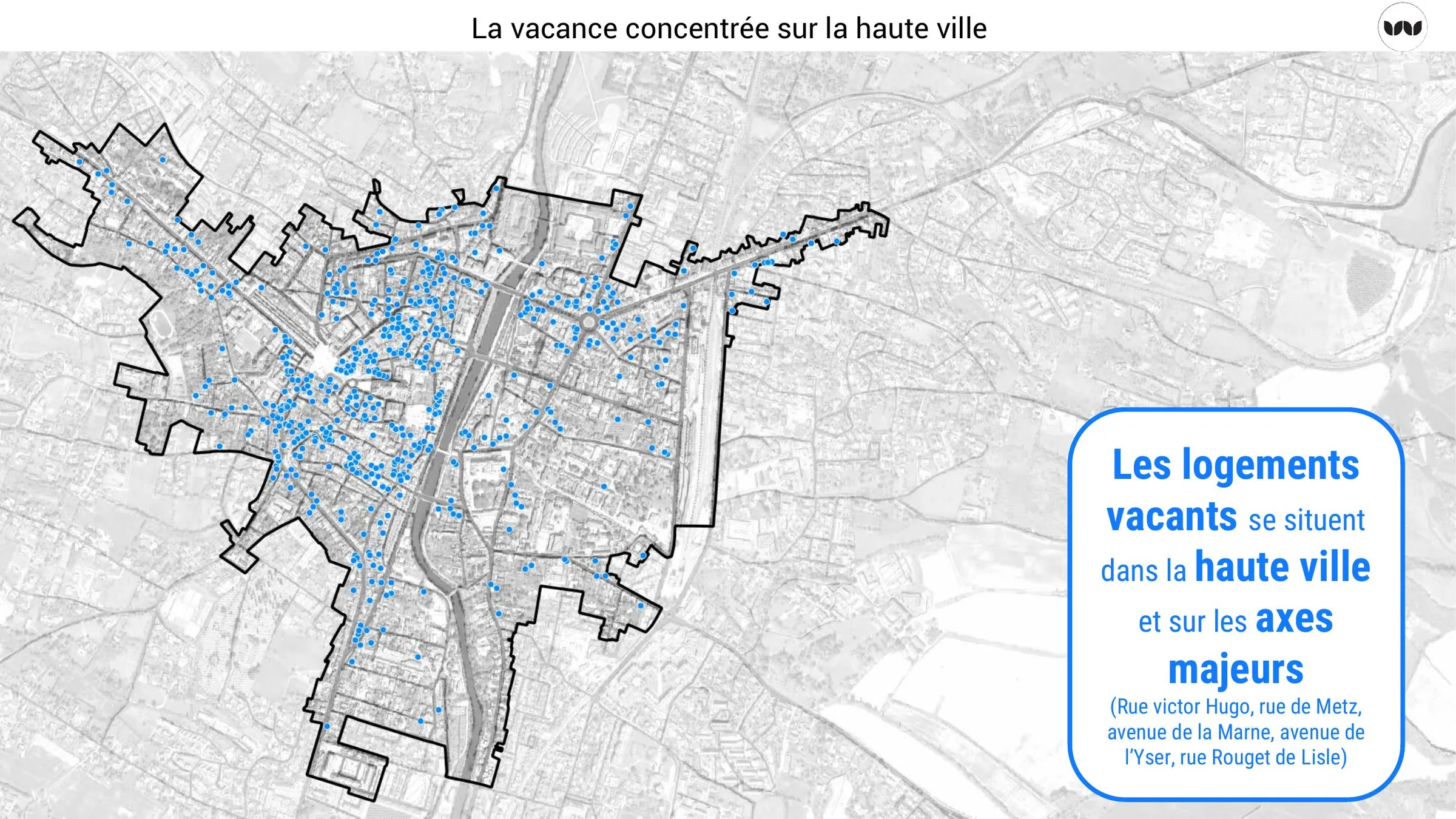 Localisation des logements vacants, concentrés en haute ville et sur les axes majeurs