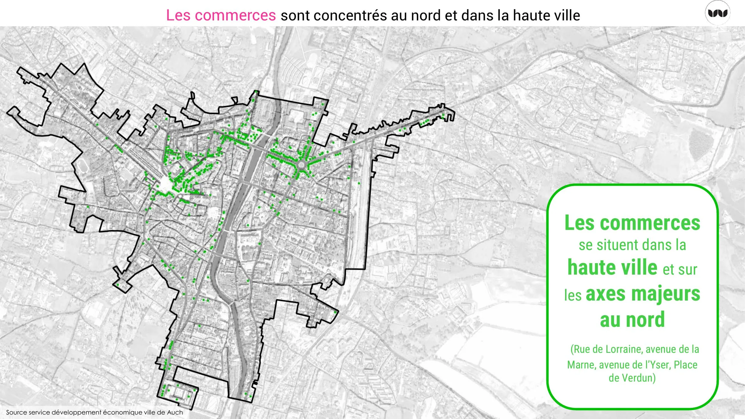 Localisation des commerces, concentrés en haute ville et au nord
