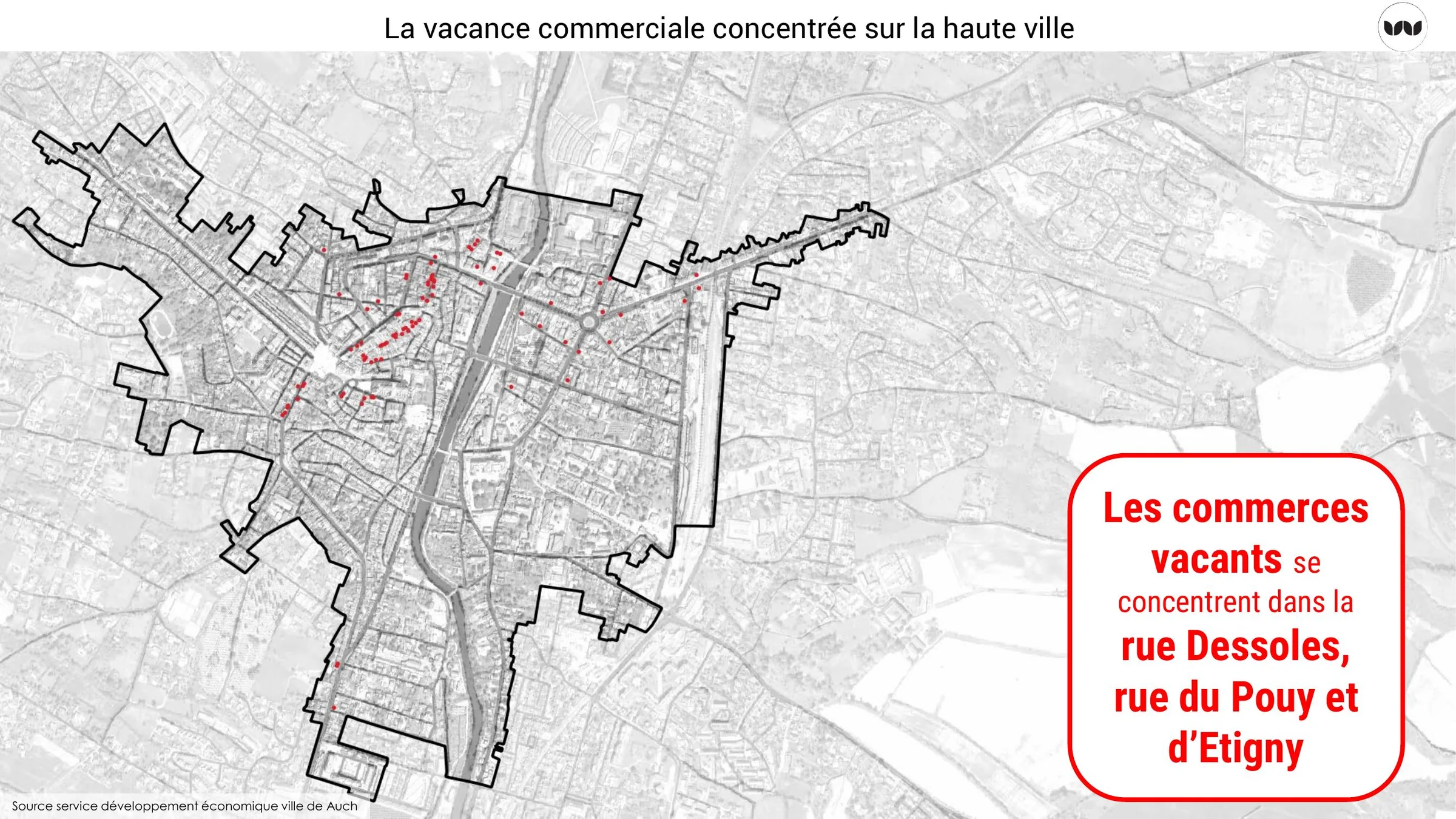 Localisation des commerces vacants, concentrés rue Dessoles, du Pouy et d'Etigny