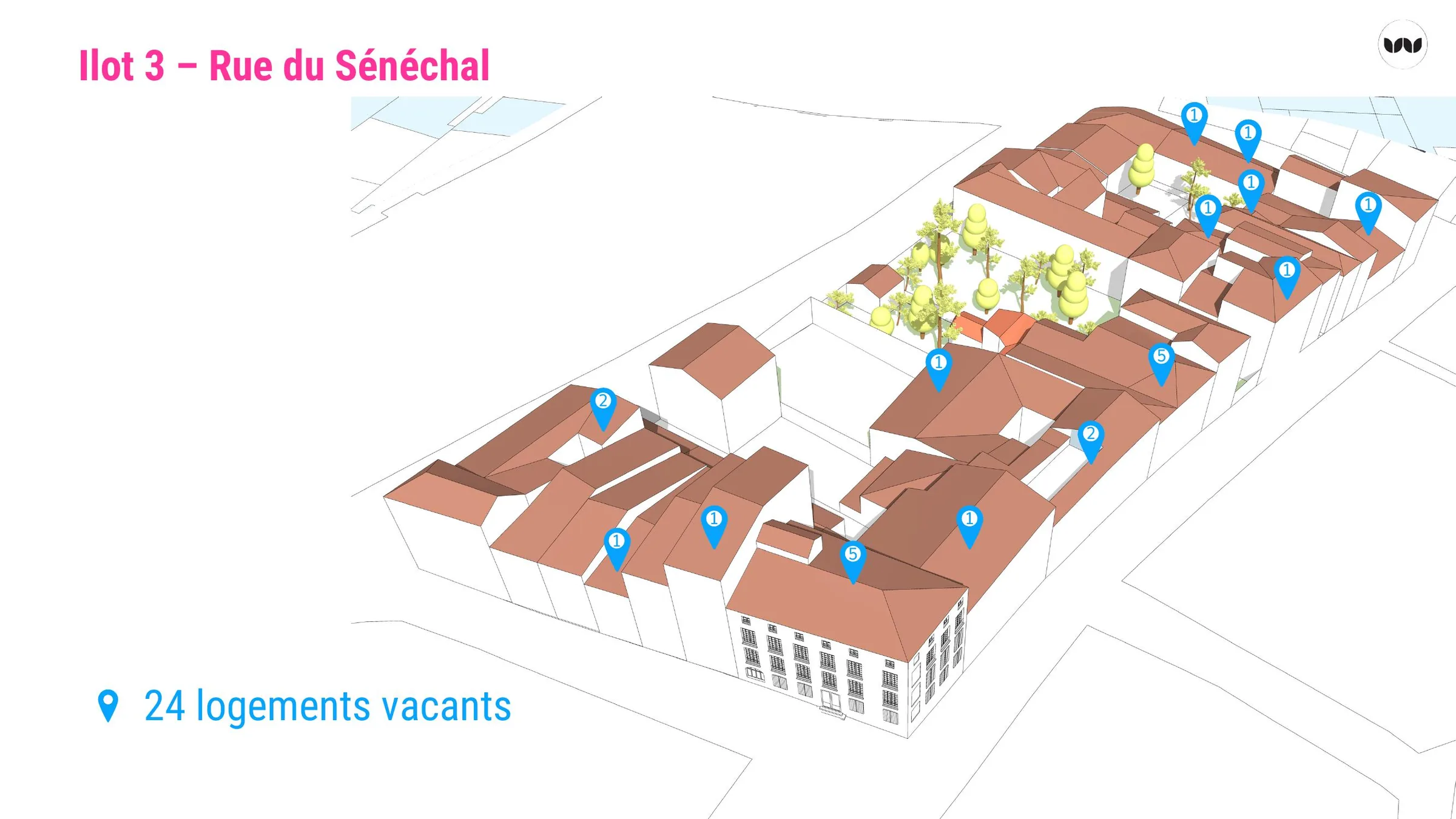 Vue de l'îlot 3 rue du Sénéchal, comptant 24 logements vacants
