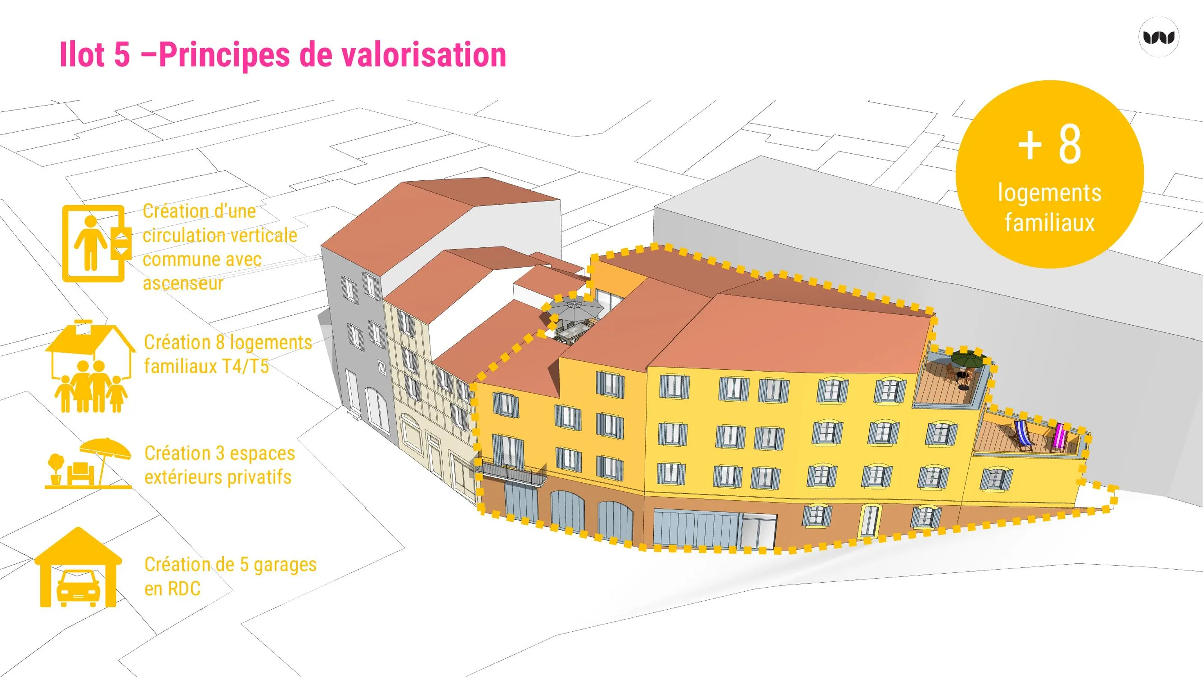 Principes de valorisation de l'îlot 5 : création de 8 logements familiaux