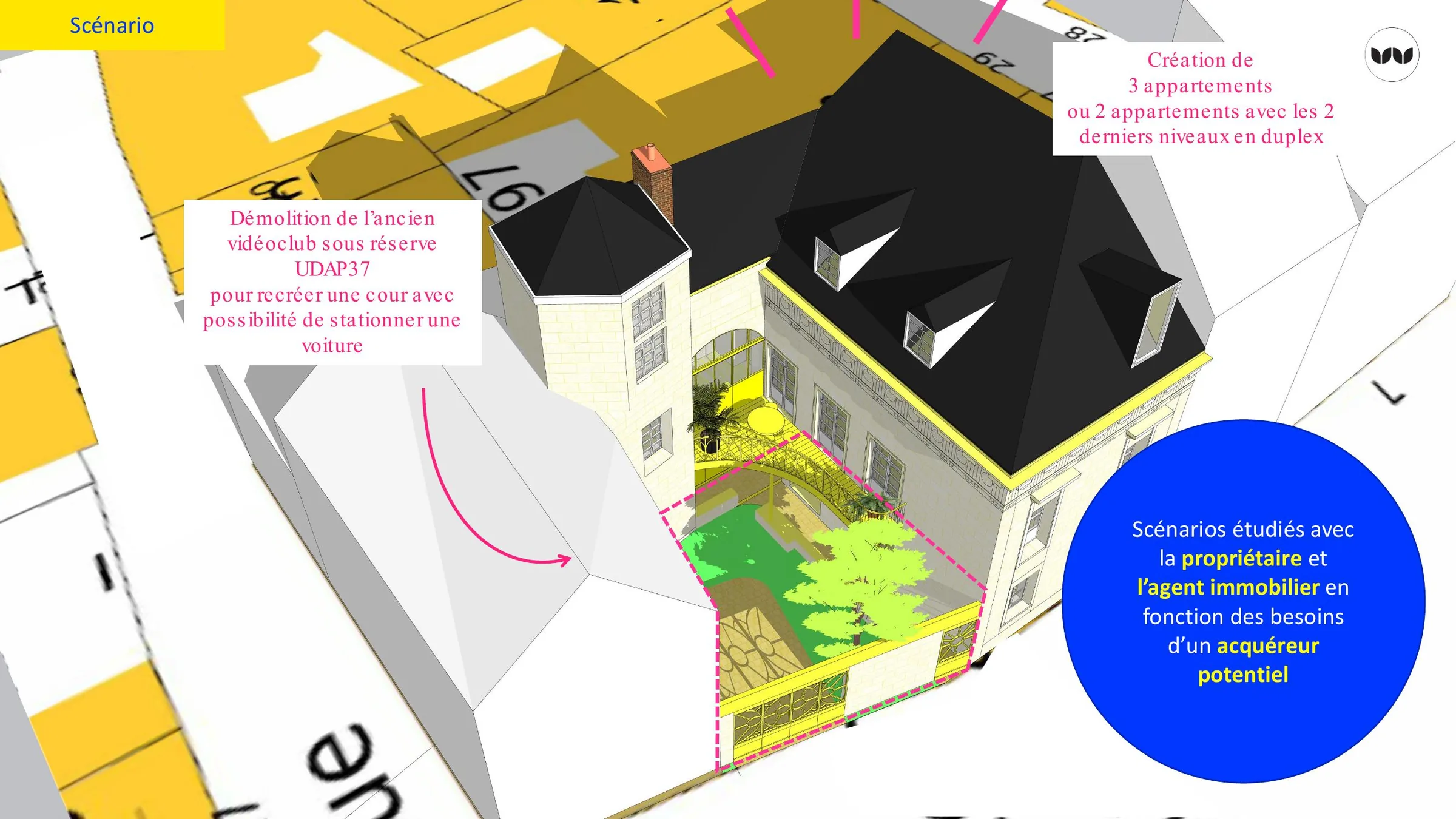 Scénario de transformation d'un immeuble en trois appartements avec cour de stationnement