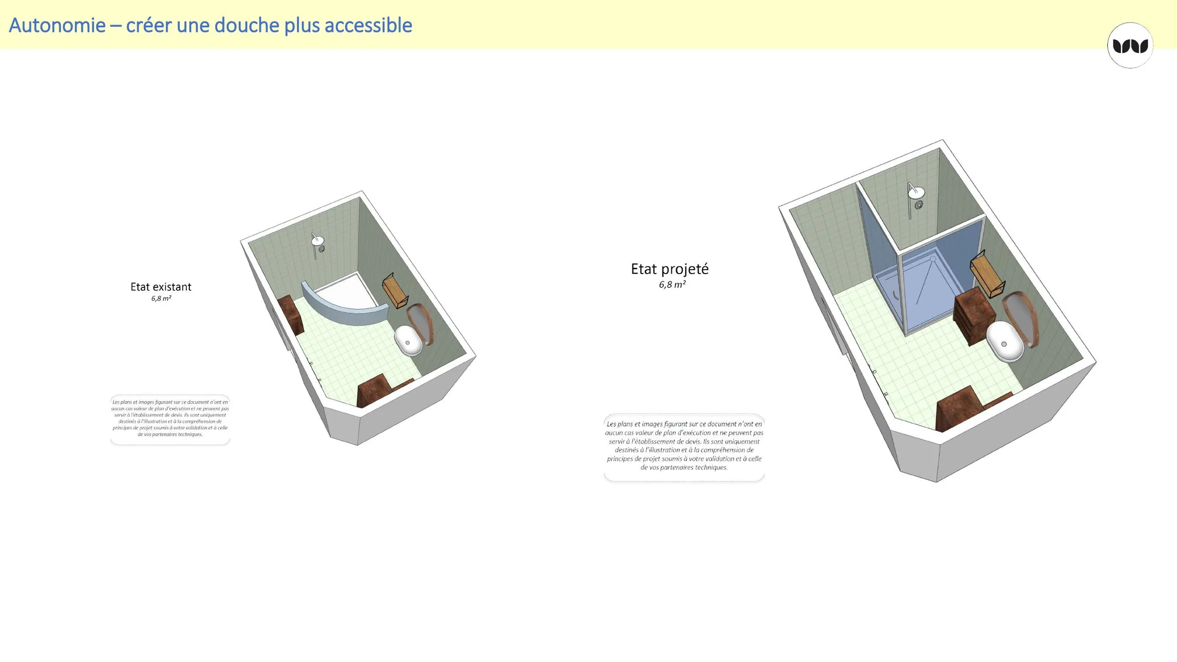 Projet de douche accessible, état existant et état projeté