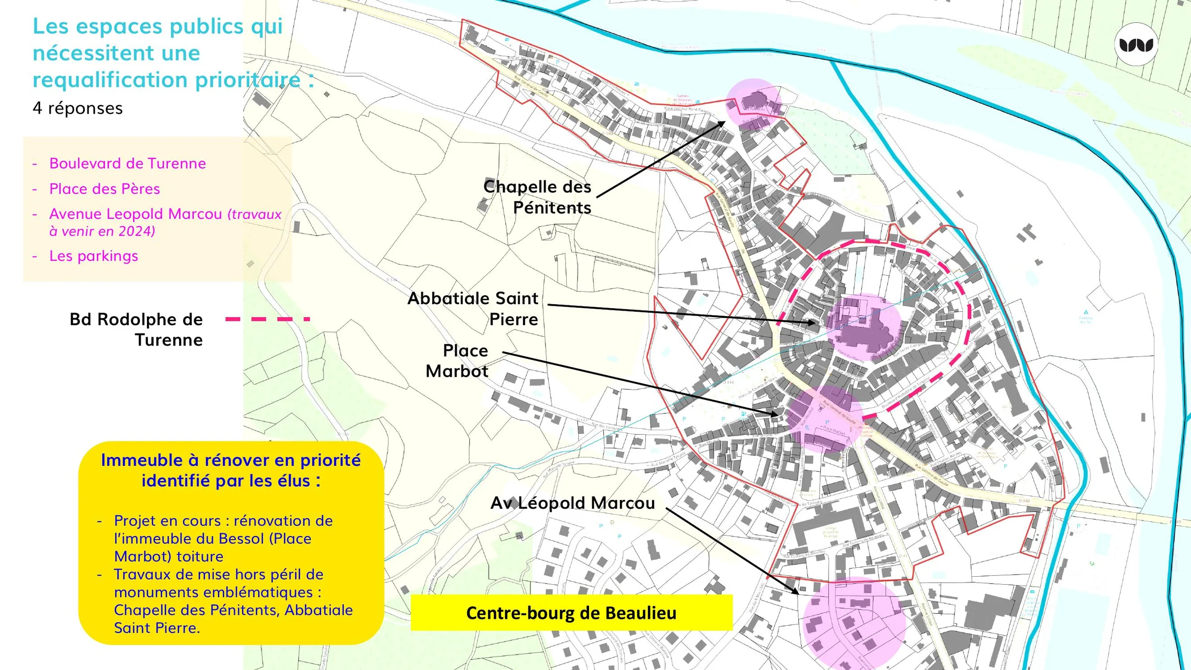 Espaces publics et bâtiments prioritaires identifiés à Beaulieu-sur-Dordogne