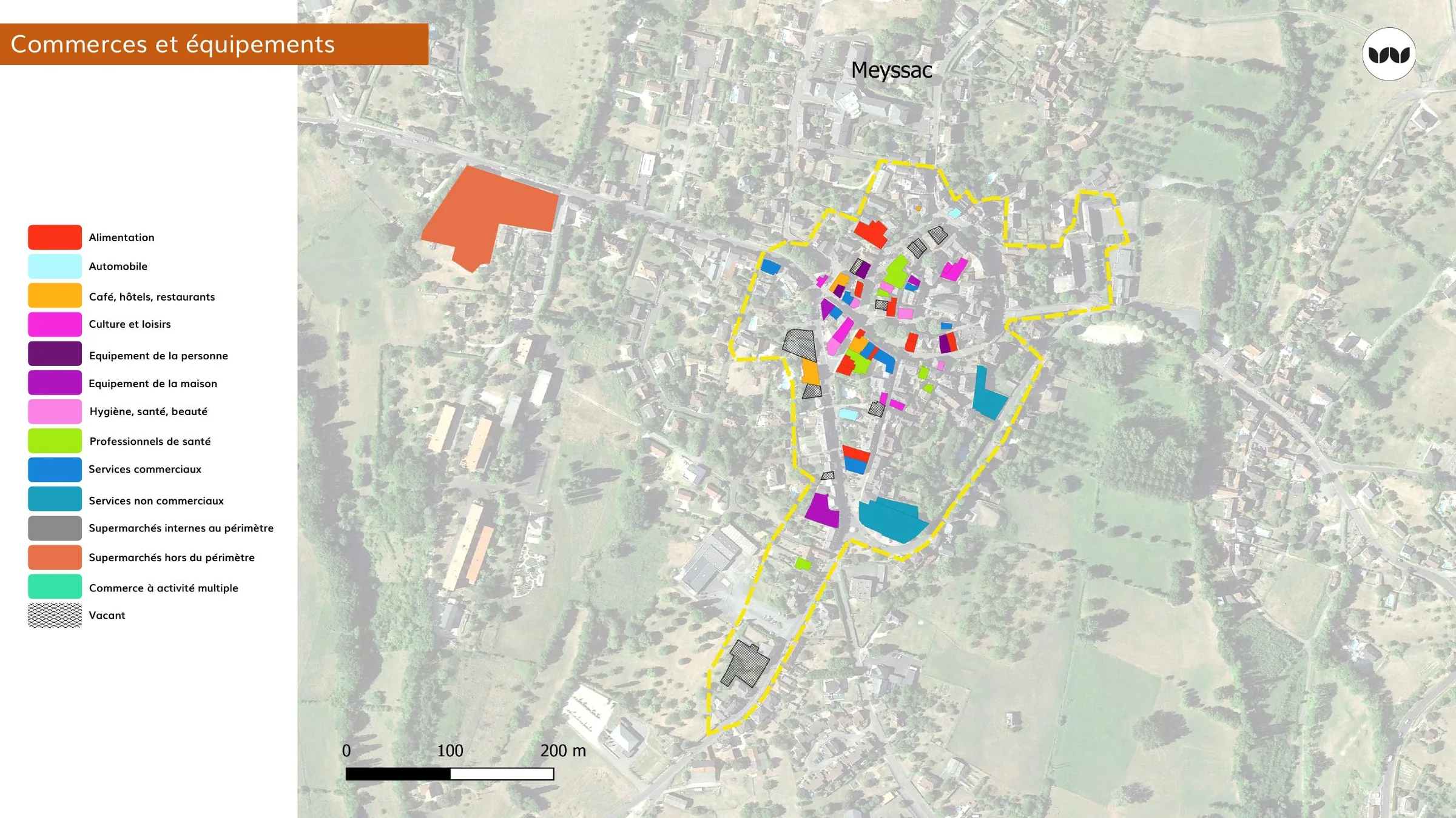 Répartition des commerces et équipements dans le centre de Meyssac
