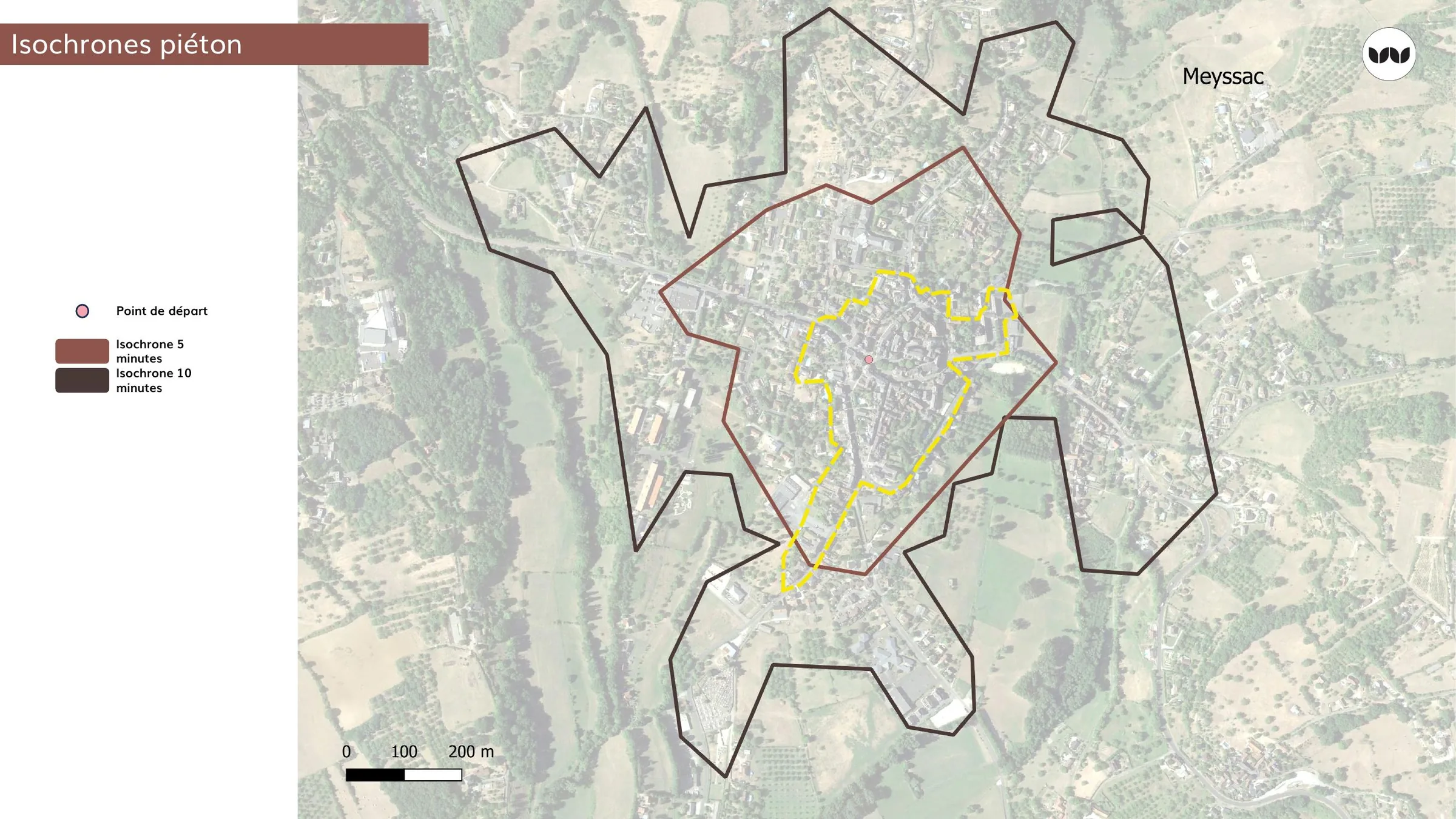 Zones accessibles à pied en 5 et 10 minutes depuis le centre de Meyssac
