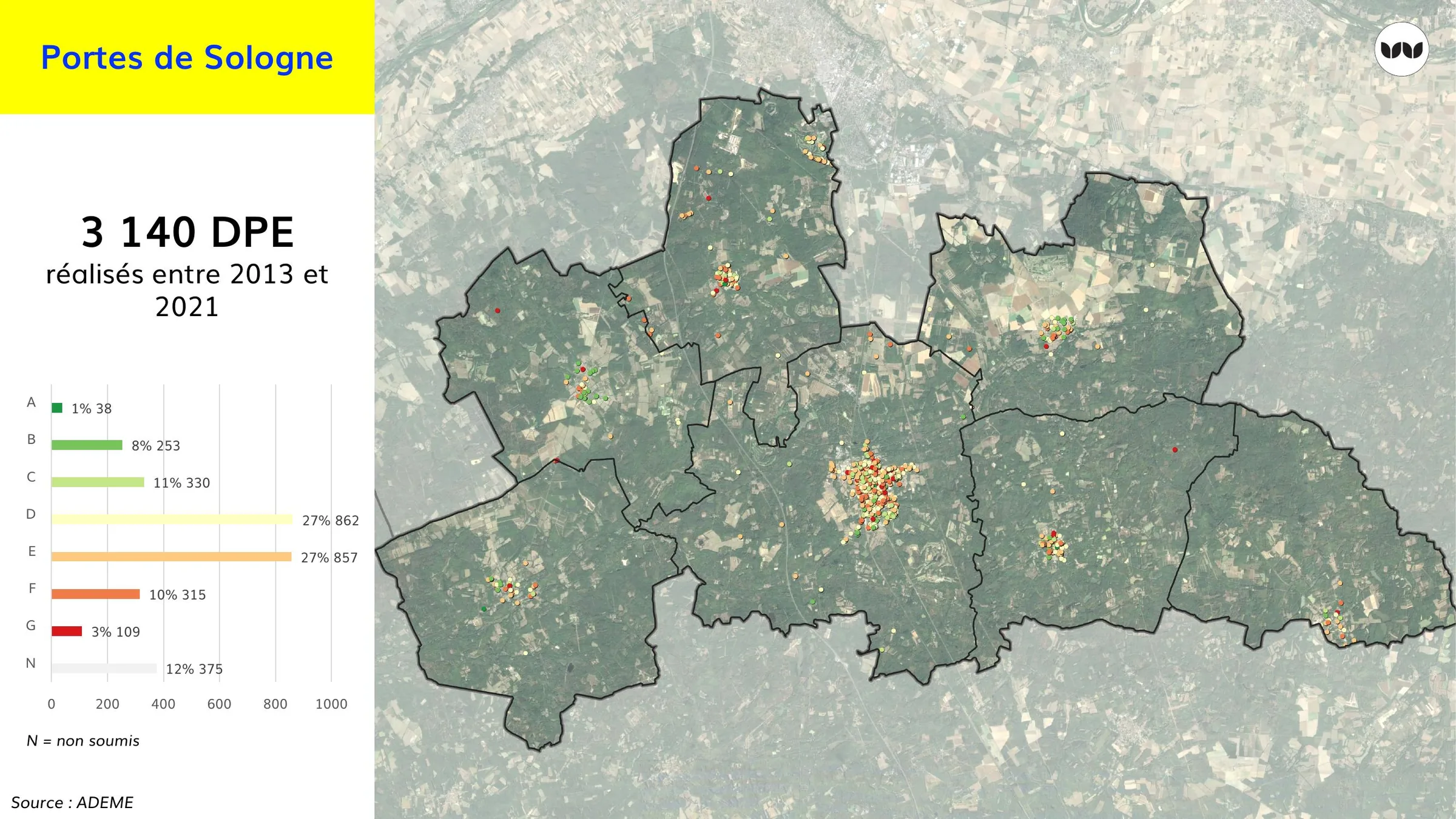 Cartographie des 3 140 DPE réalisés entre 2013 et 2021 par classe énergétique