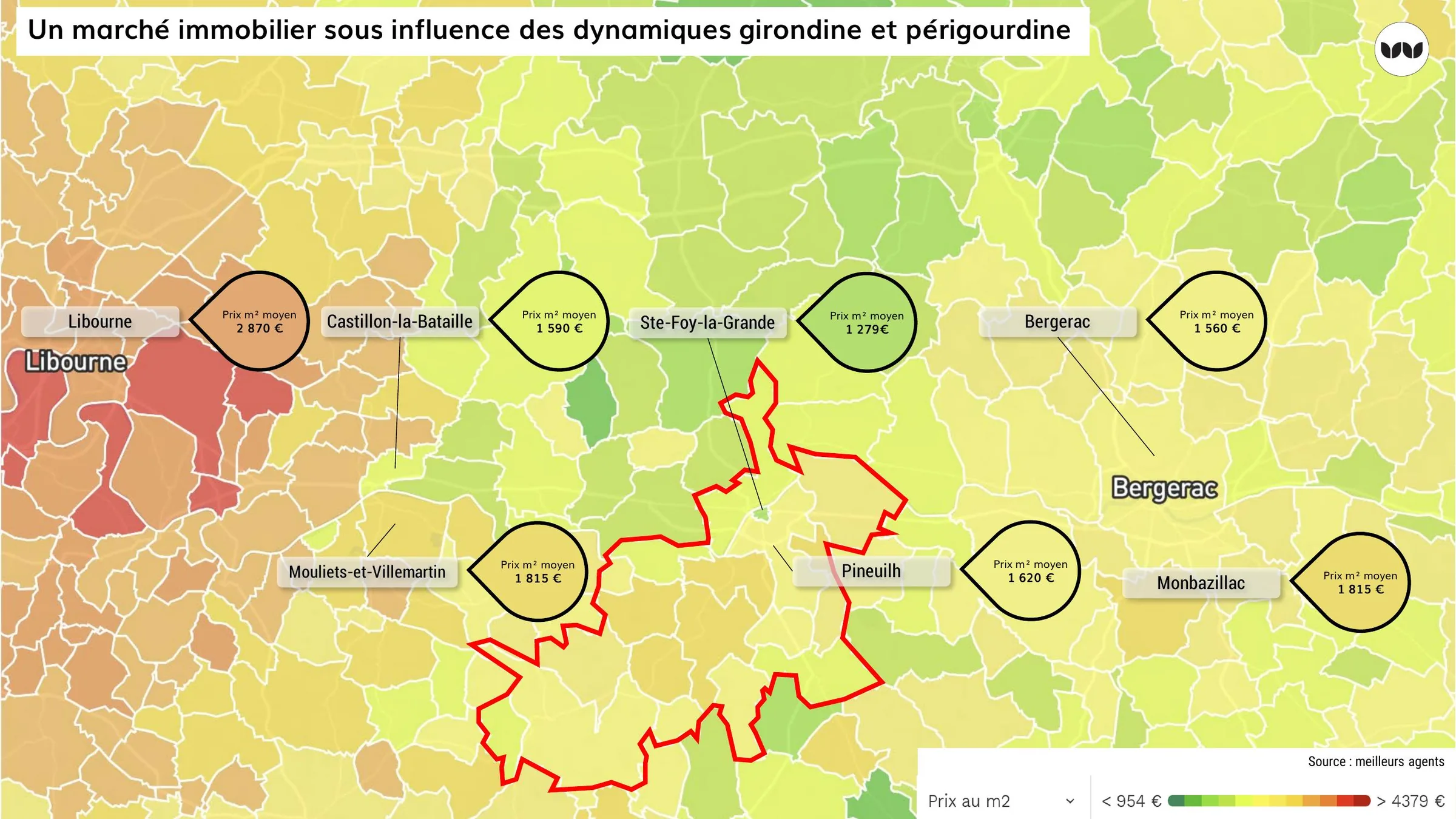 Carte des prix moyens au m² entre Libourne et Bergerac