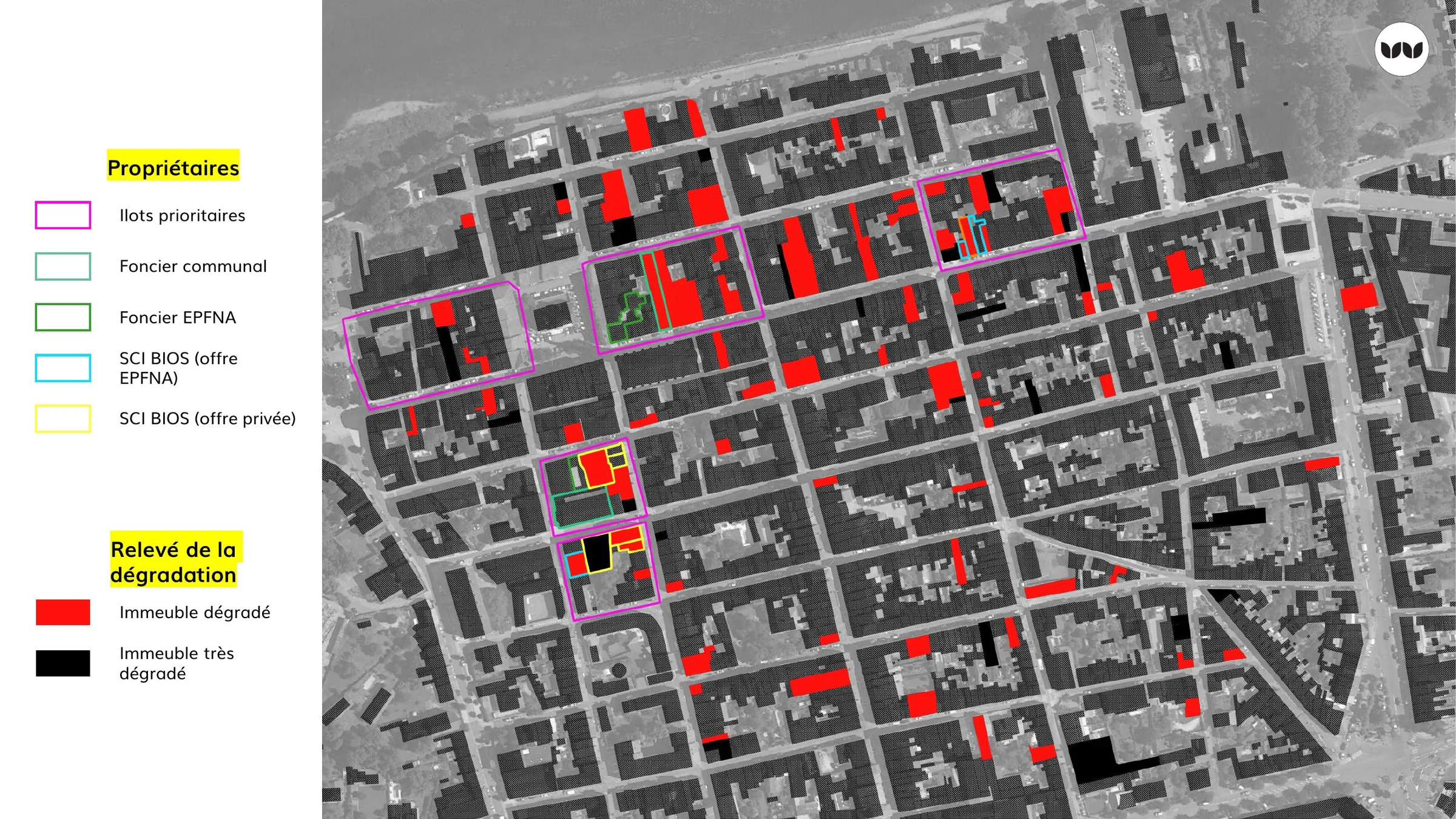 Croisement de la dégradation du bâti et du statut de propriété par îlot