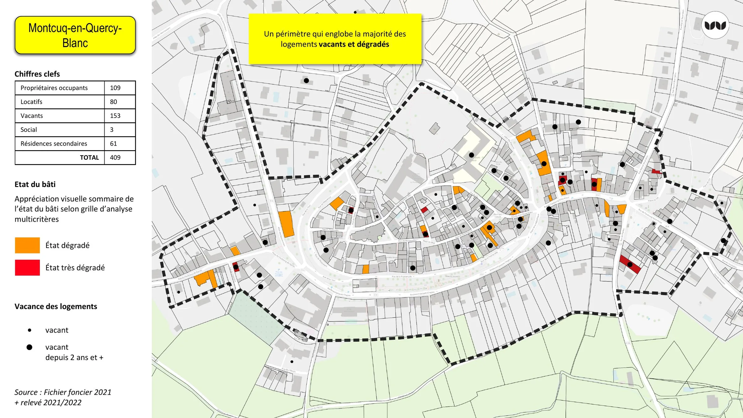 Périmètre englobant l'essentiel des logements vacants et dégradés à Montcuq