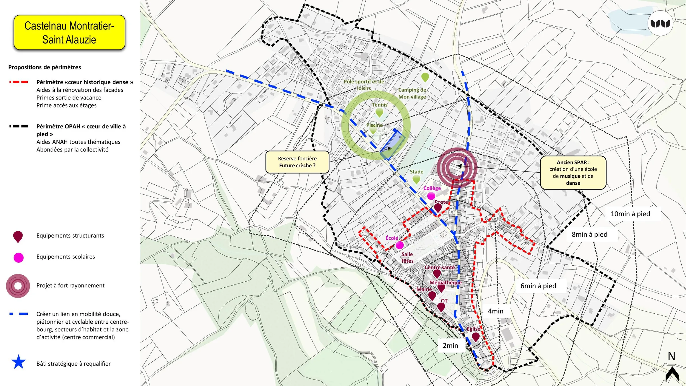 Périmètre cœur de ville à pied intégrant mobilités douces et projets d'équipements