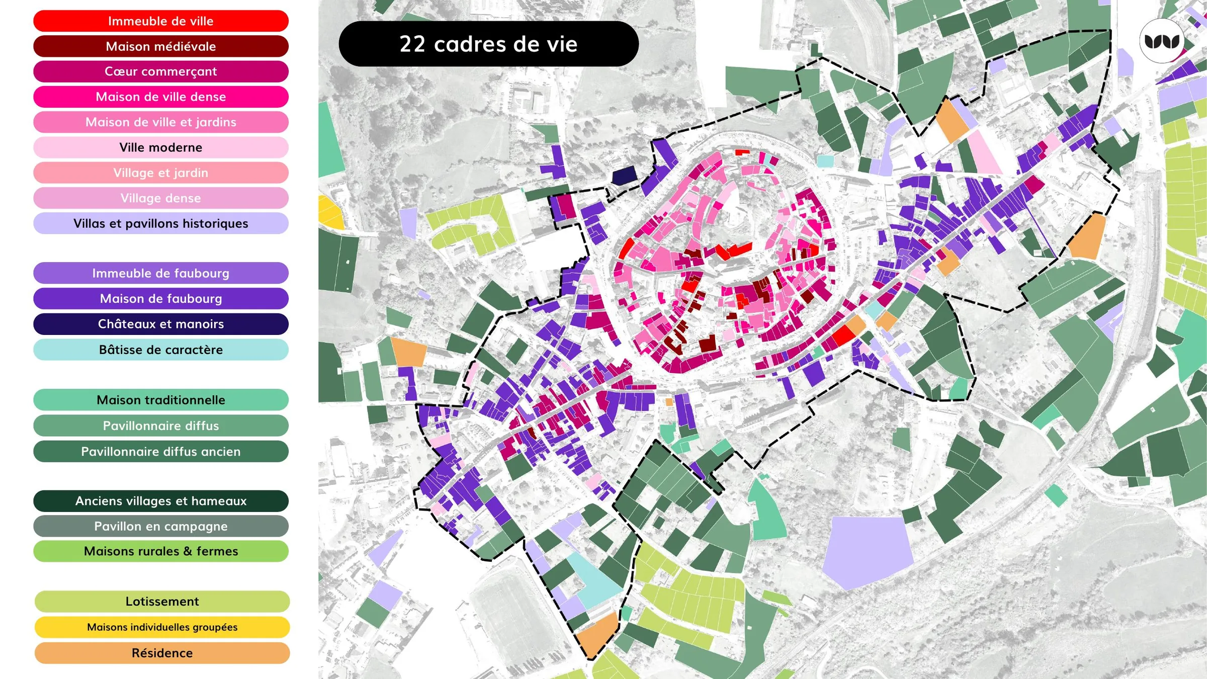 Cartographie des vingt-deux cadres de vie identifiés à Gourdon
