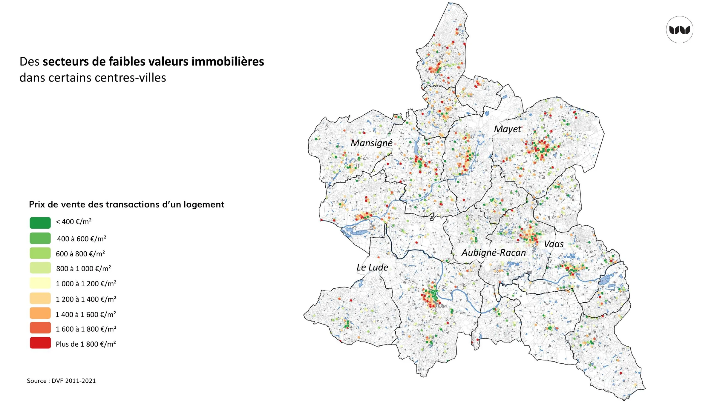 Localisation des secteurs à faibles valeurs immobilières dans les centres-villes