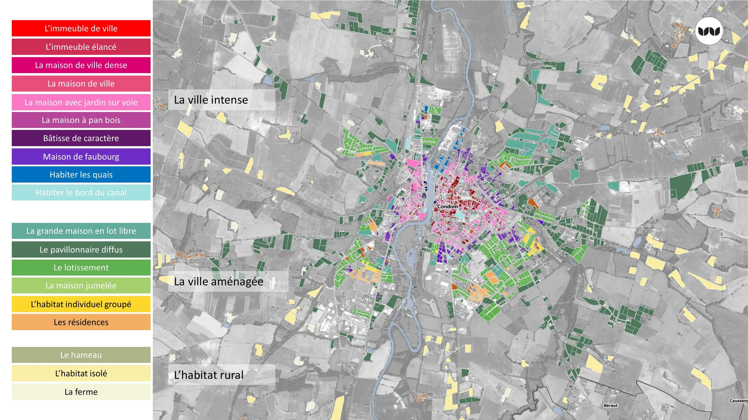 Cartographie des 18 cadres de vie identifiés autour de Condom.