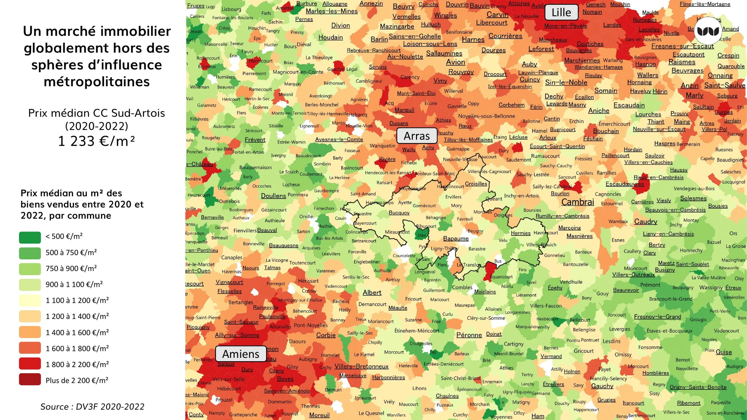 Carte régionale des prix médians au m², CC Sud-Artois hors influence métropolitaine